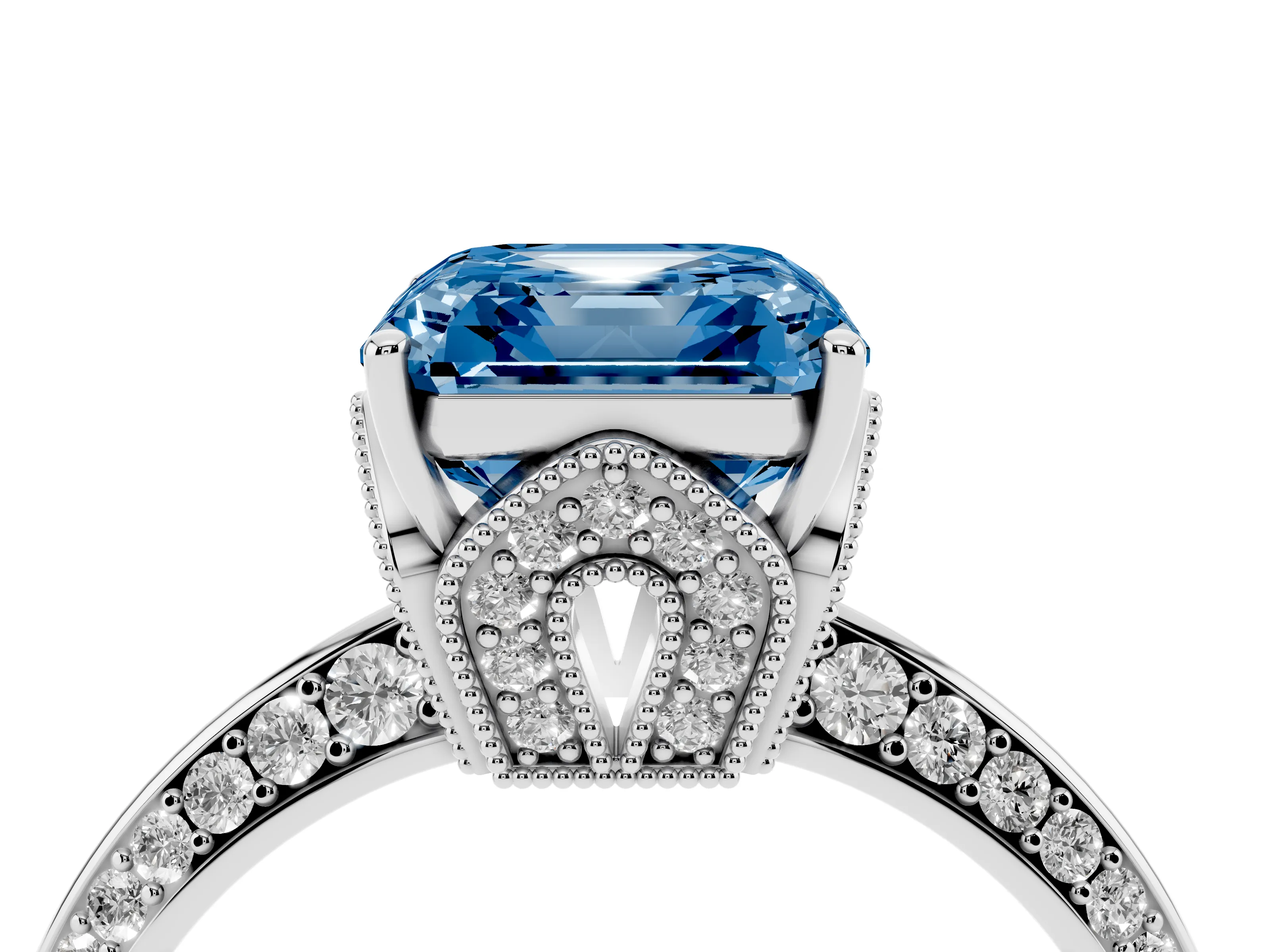 Fancy Blue Asscher Cut Diamond Solitaire Engagement Ring Set in Platinum with Pavé Split Shank and Prong Setting
