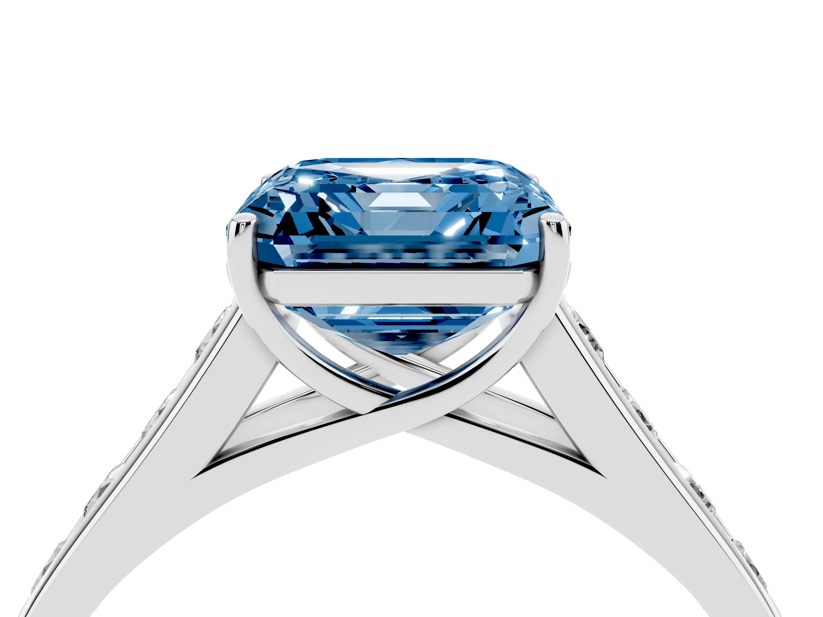 Fancy Blue Asscher Cut Diamond Brilliant Channel-Set Solitaire Ring Set in Platinum with Prong Setting