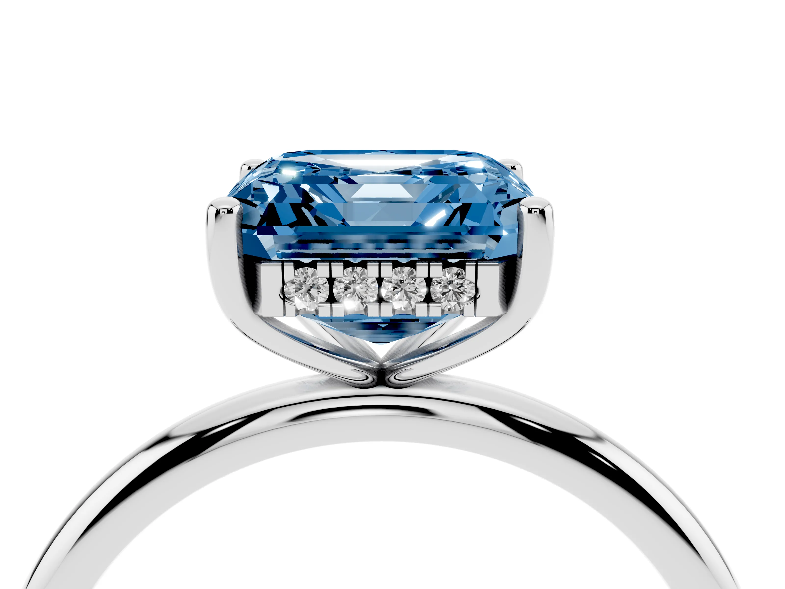 Fancy Blue Asscher Cut Diamond Solitaire Engagement Ring Set in White gold with Prong Setting and Polished Band
