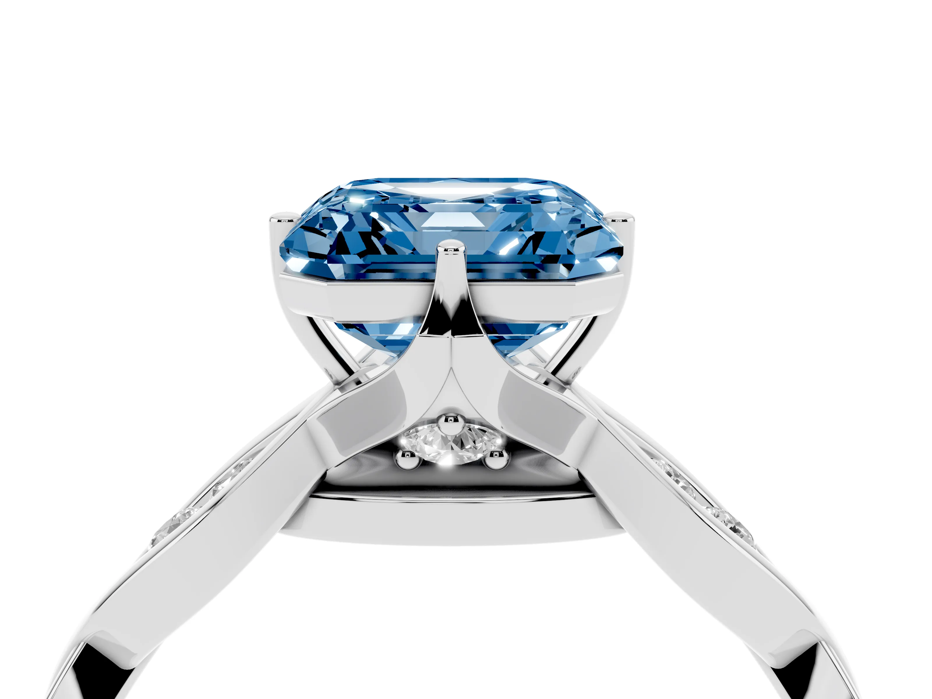 Fancy Blue Asscher Cut Diamond Twist Band Solitaire Ring Set in Platinum with Leaf Prong Setting and Accent Stones