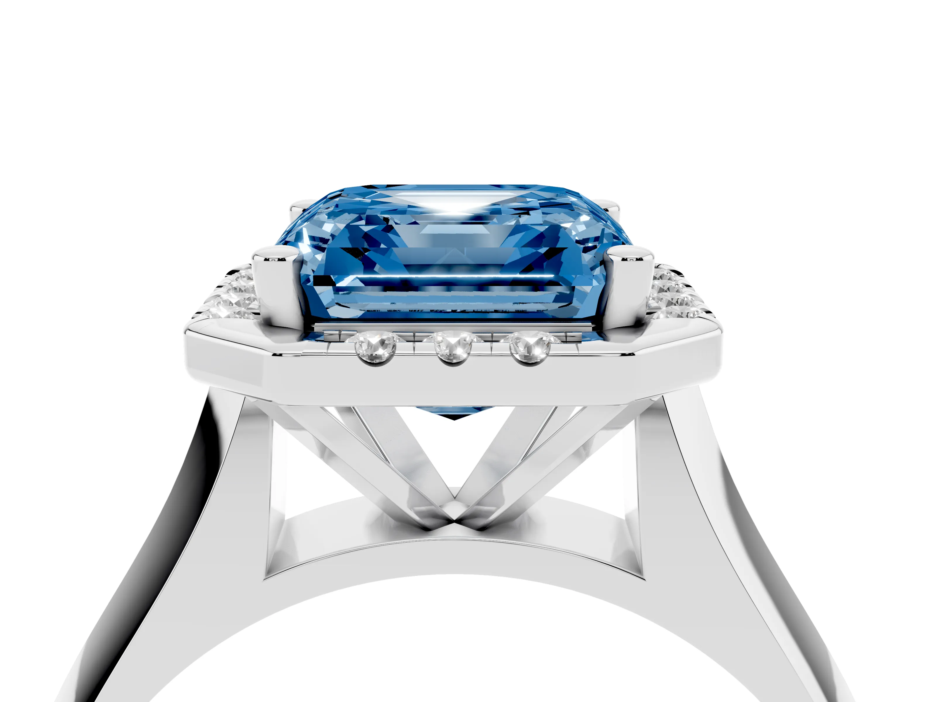 Fancy Blue Asscher Cut Diamond Halo Solitaire Engagement Ring Set in Silver with Square Band and Prong Setting