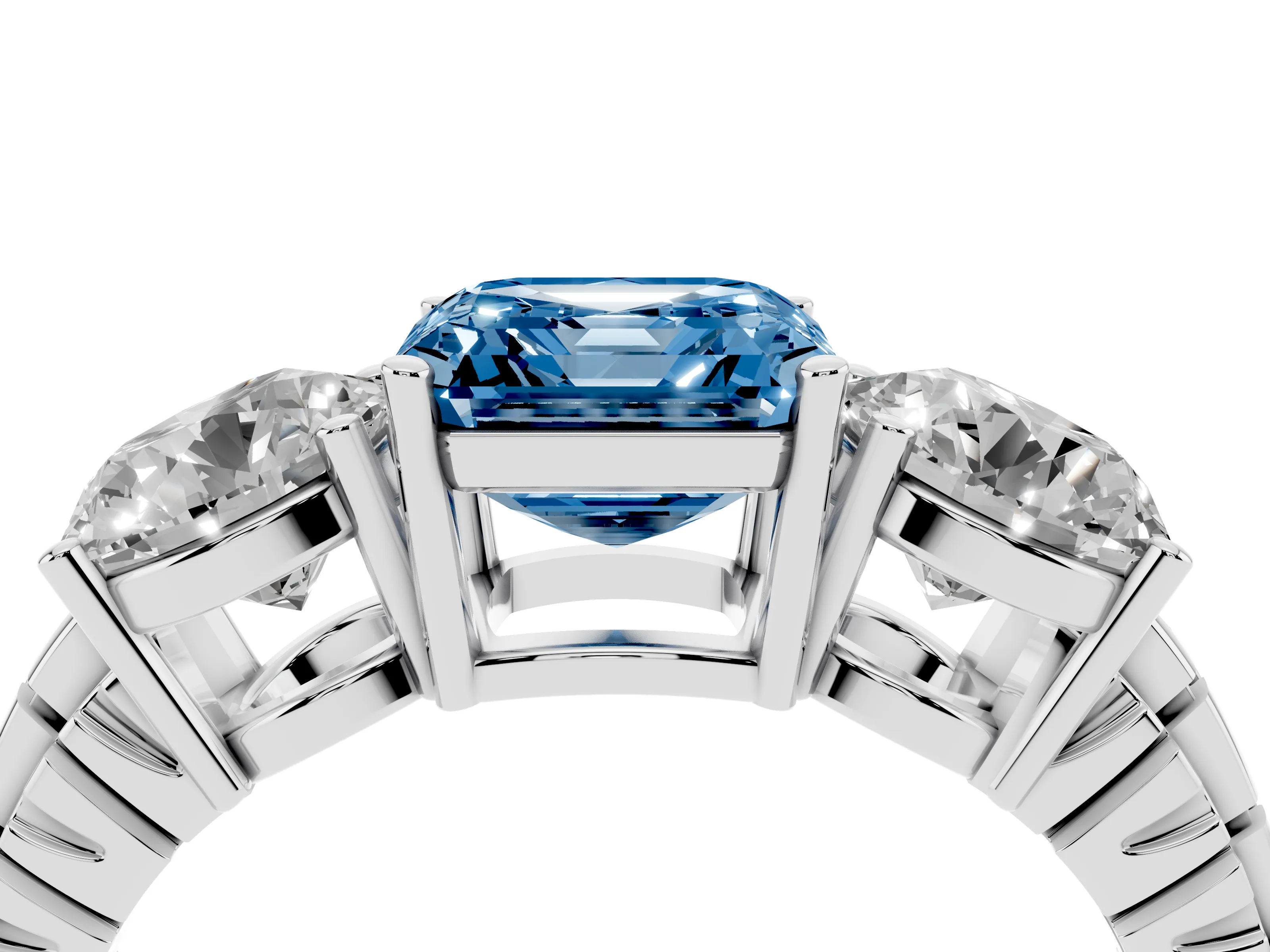 Fancy Blue Asscher Cut Diamond Three-Stone Ring Set in Silver with Channel-Set Accent Band