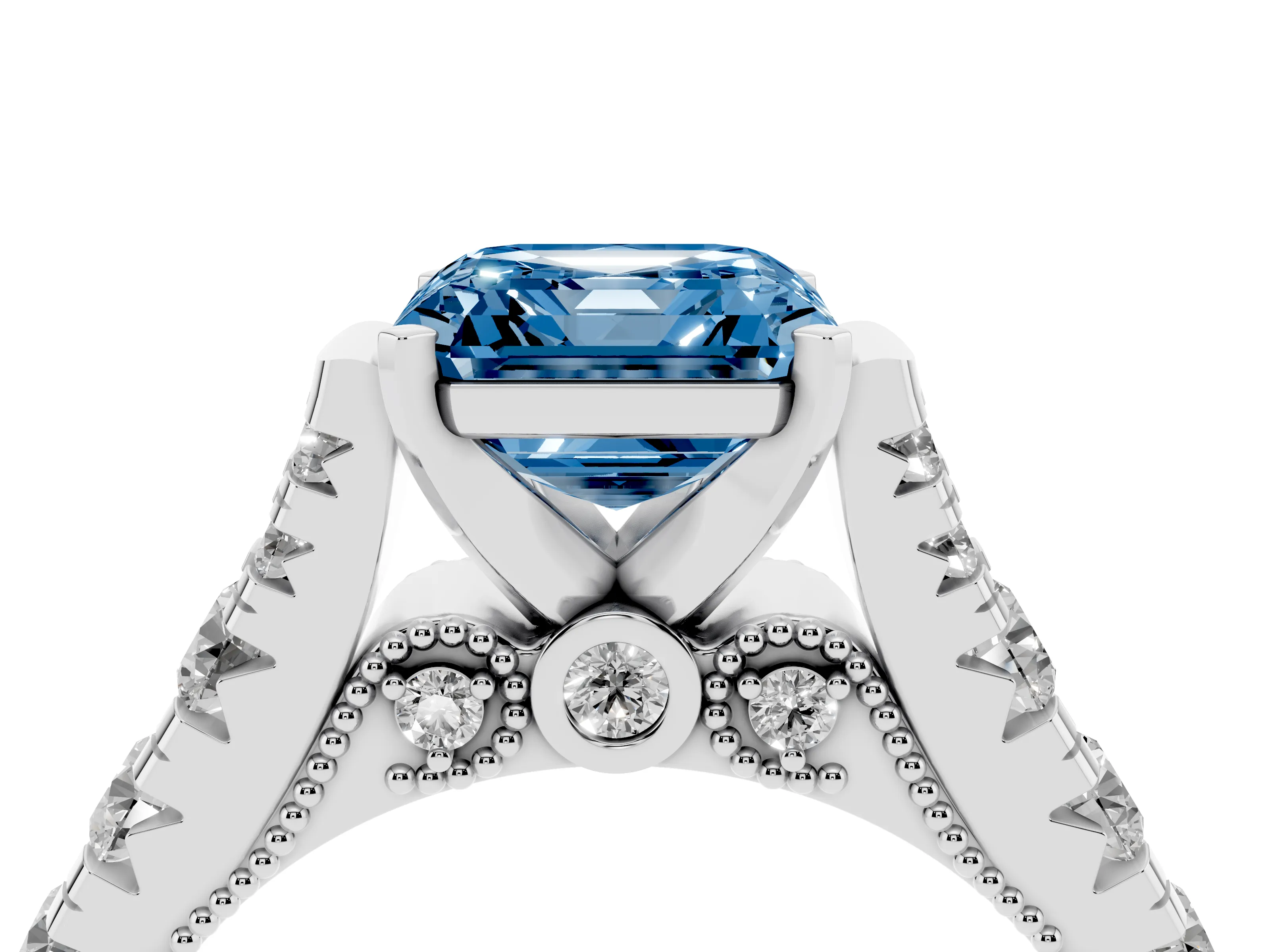 Fancy Blue Asscher Cut Diamond Classic Solitaire Ring Set in White gold with Pavé Band and Prong Setting