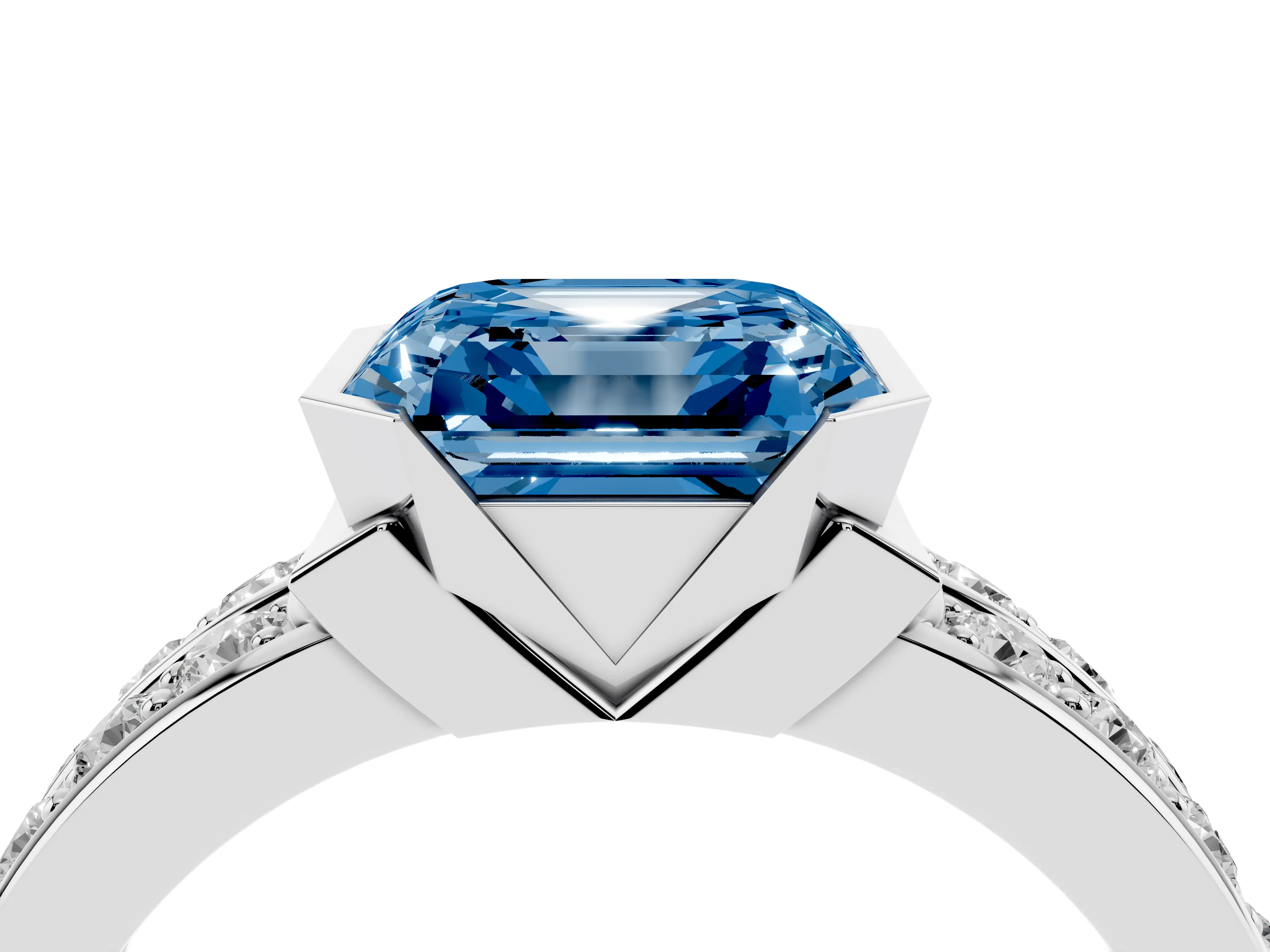 Fancy Blue Asscher Cut Diamond Wide Channel Set Band Ring Set in Silver with Bezel Setting