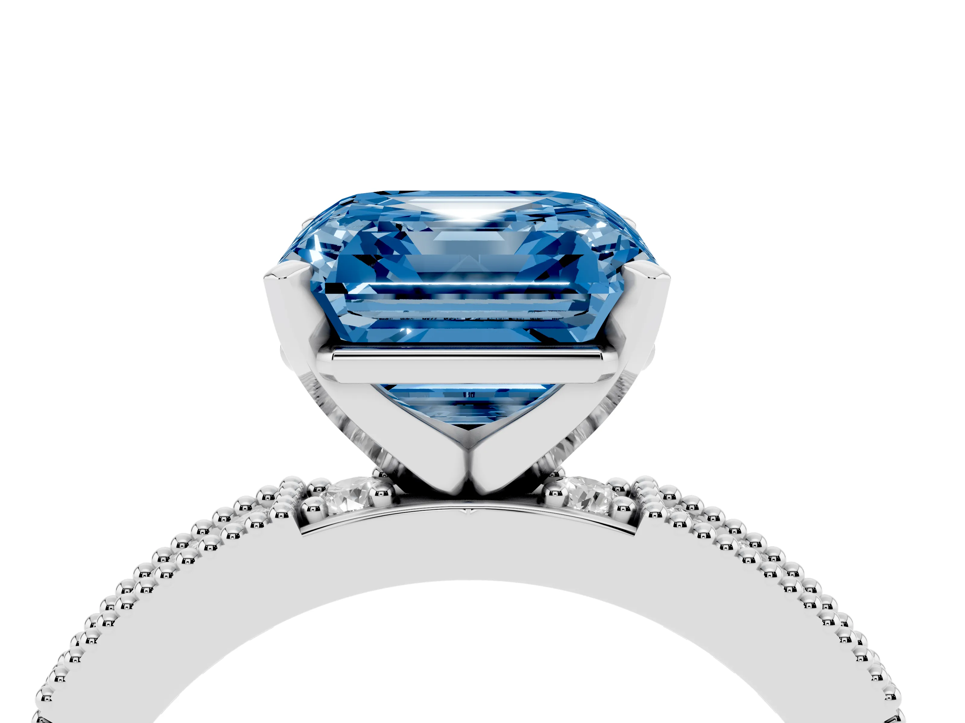 Fancy Blue Asscher Cut Diamond Solitaire Ring Set in Silver with Slim Pavé Band and Prong Setting