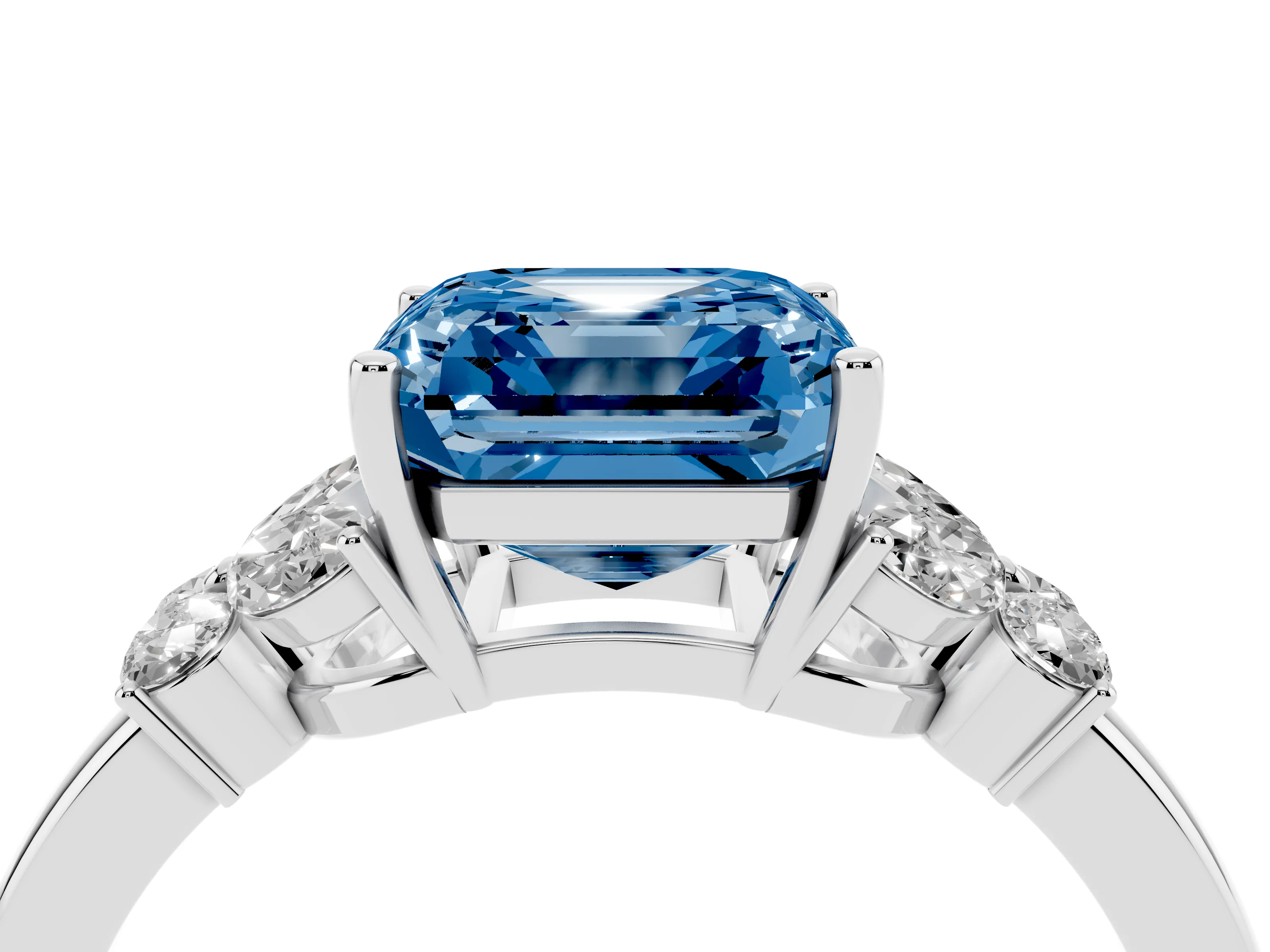 Fancy Blue Asscher Cut Diamond Solitaire Floral Ring Set in Platinum with Marquise Petals and Prong Setting