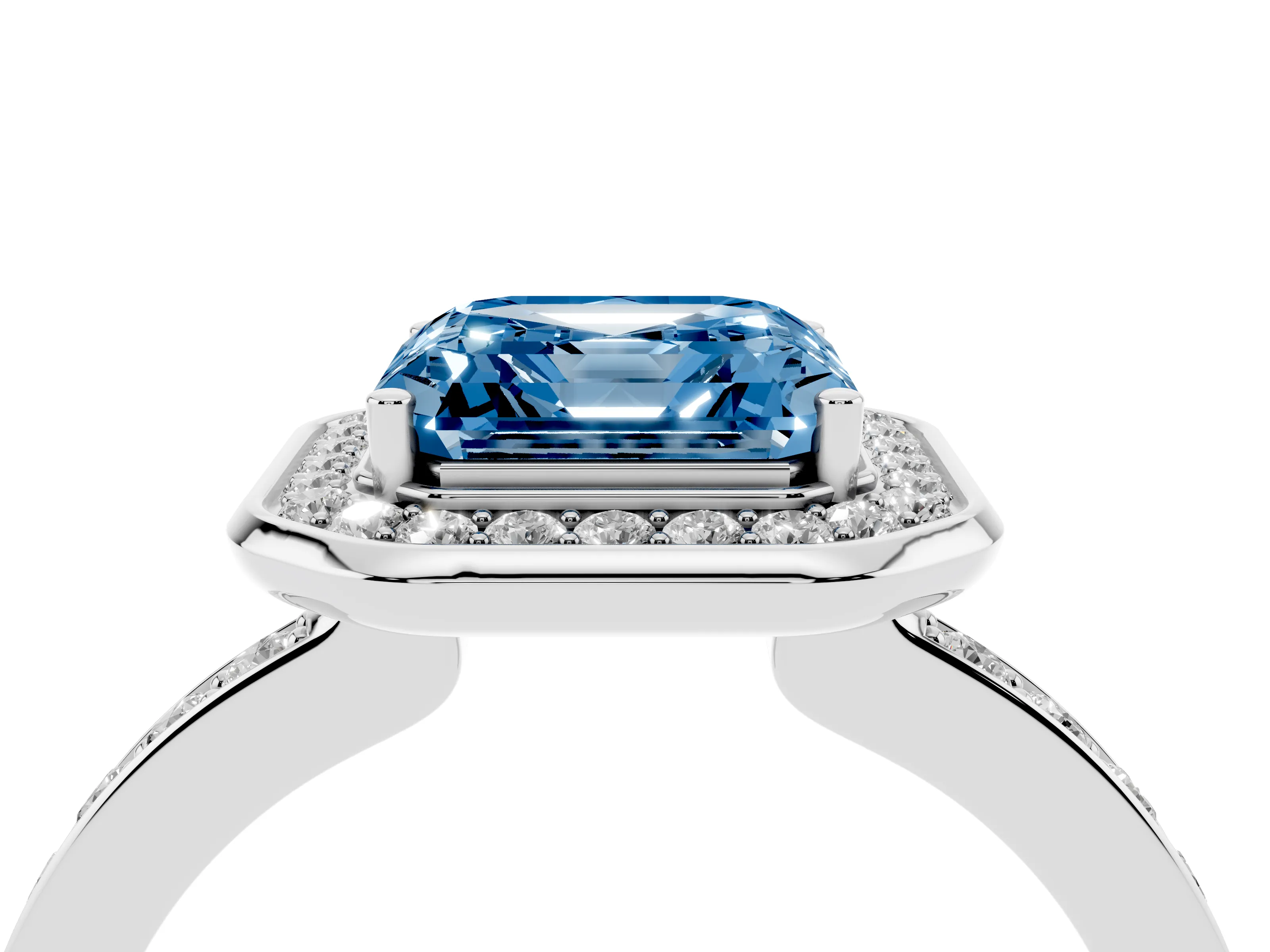 Fancy Blue Asscher Cut Diamond Halo Ring Set in White gold with Bezel Frame and Pavé Band