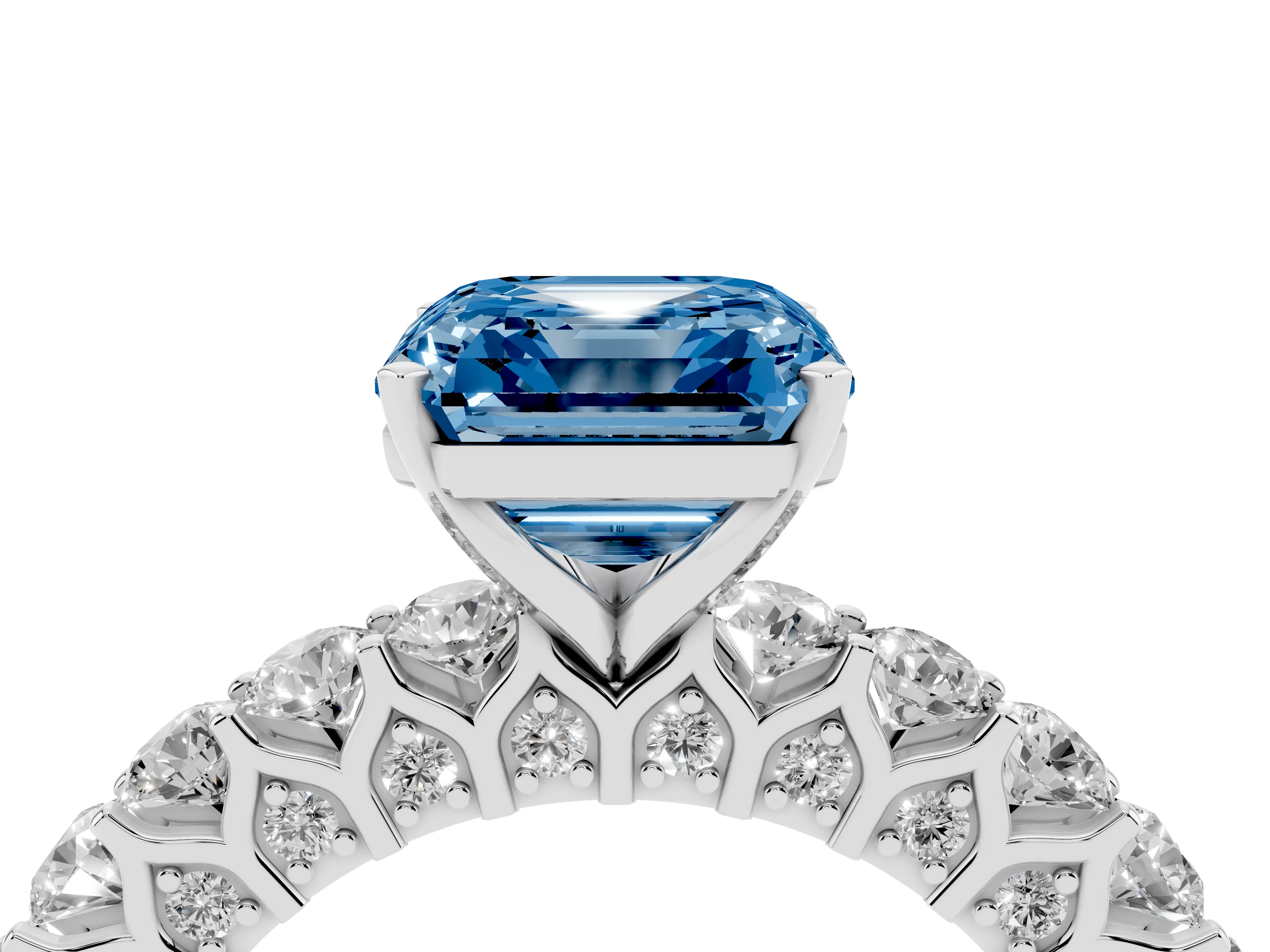 Fancy Blue Asscher Cut Diamond Solitaire Ring Set in Silver with Shared Prong Pavé Band