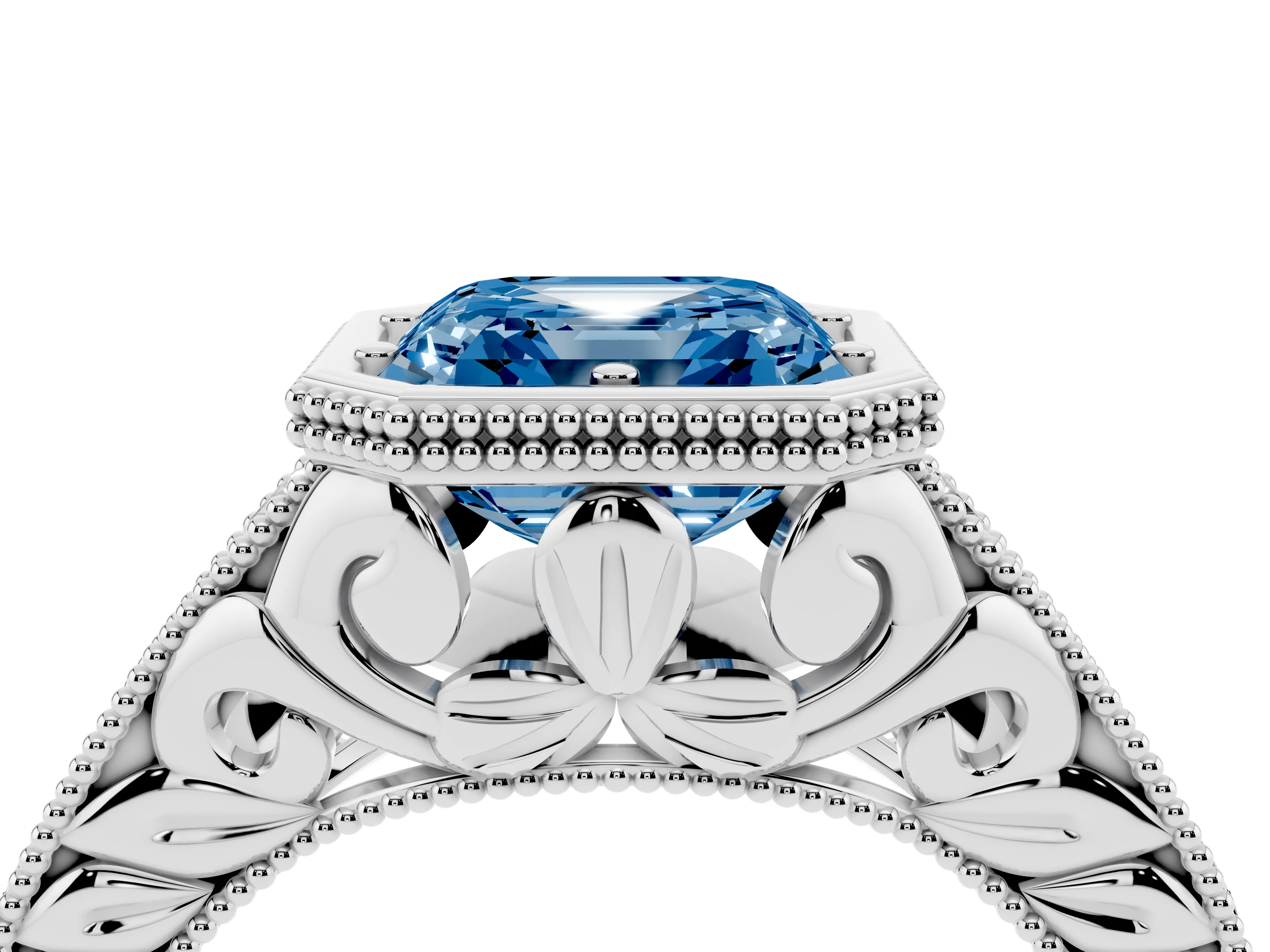 Fancy Blue Bezel Set Asscher Cut Diamond Milgrain Pavé Engagement Ring Set in Silver