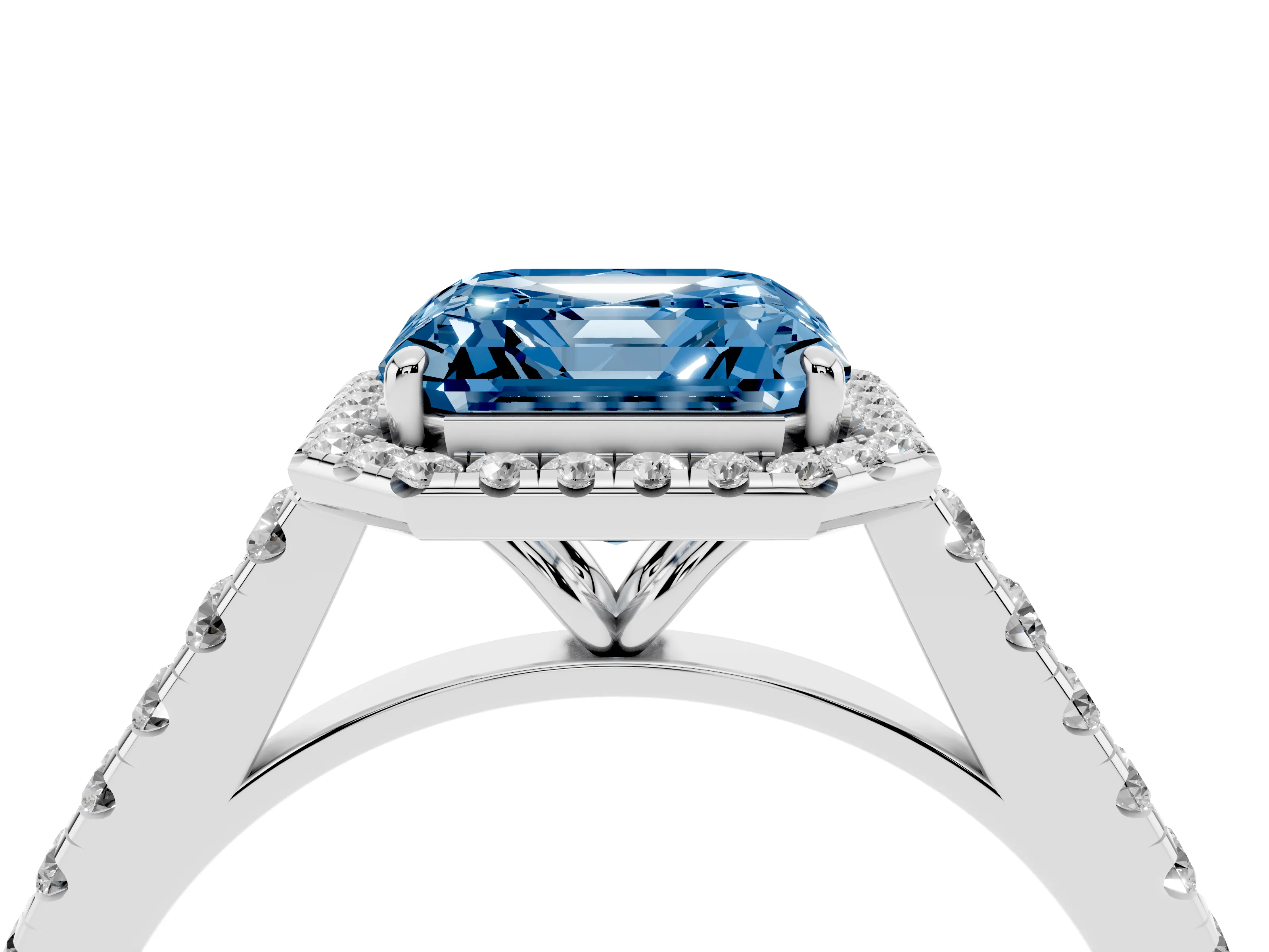 Fancy Blue Asscher Cut Diamond Halo Pavé Engagement Ring Set in White gold with Prong Setting