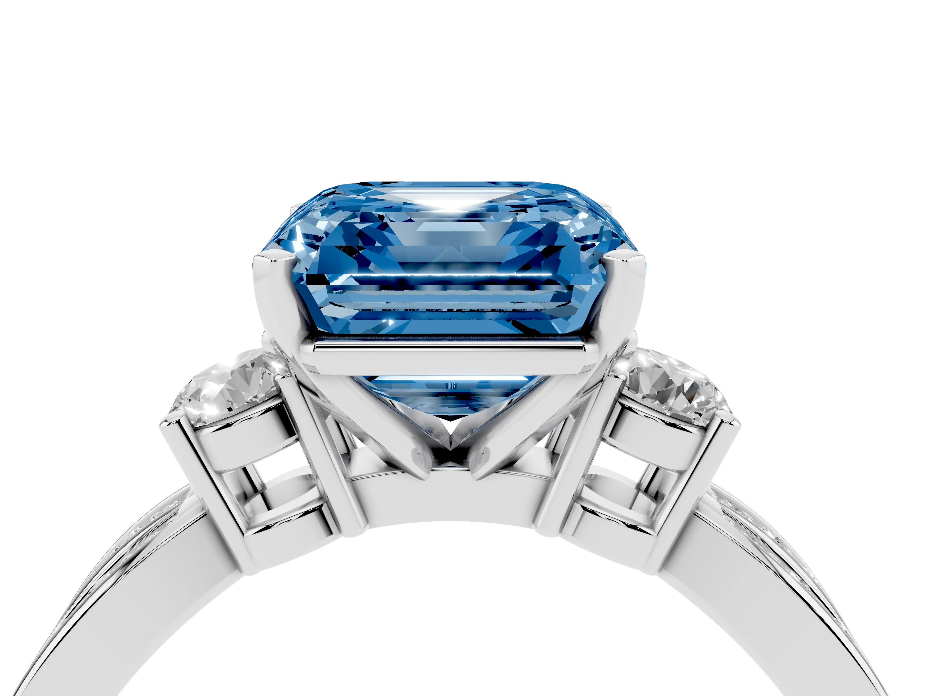 Fancy Blue Three-Stone Asscher Cut Diamond Twist Band Ring Set in Silver with Pavé Accents and Prong Setting