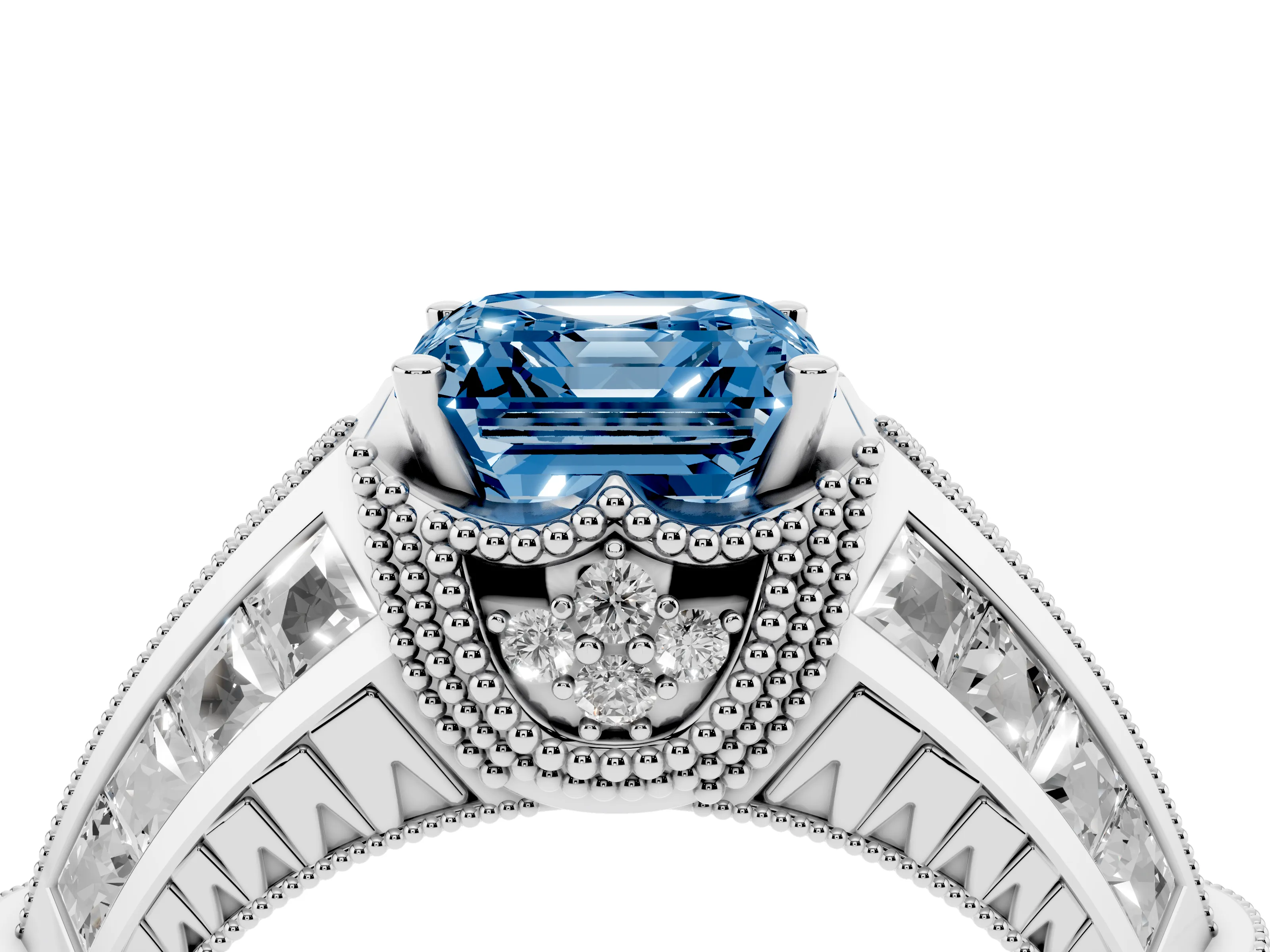 Fancy Blue Asscher Cut Diamond Vintage-Inspired Milgrain Ring Set in Platinum with Accent Split Shank