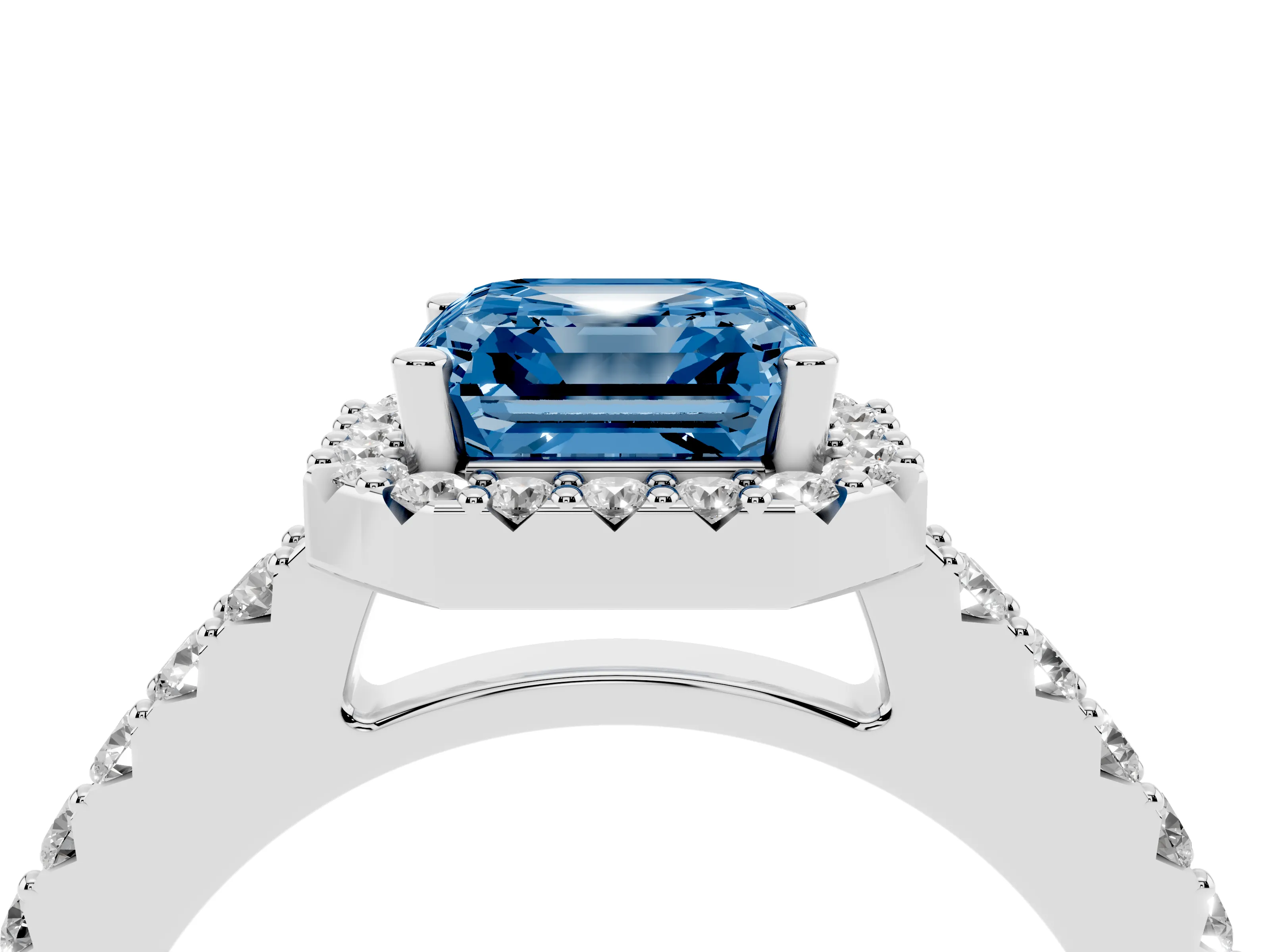 Fancy Blue Asscher Cut Diamond Halo Pavé Solitaire Ring Set in Platinum with Prong-Set Center Stone