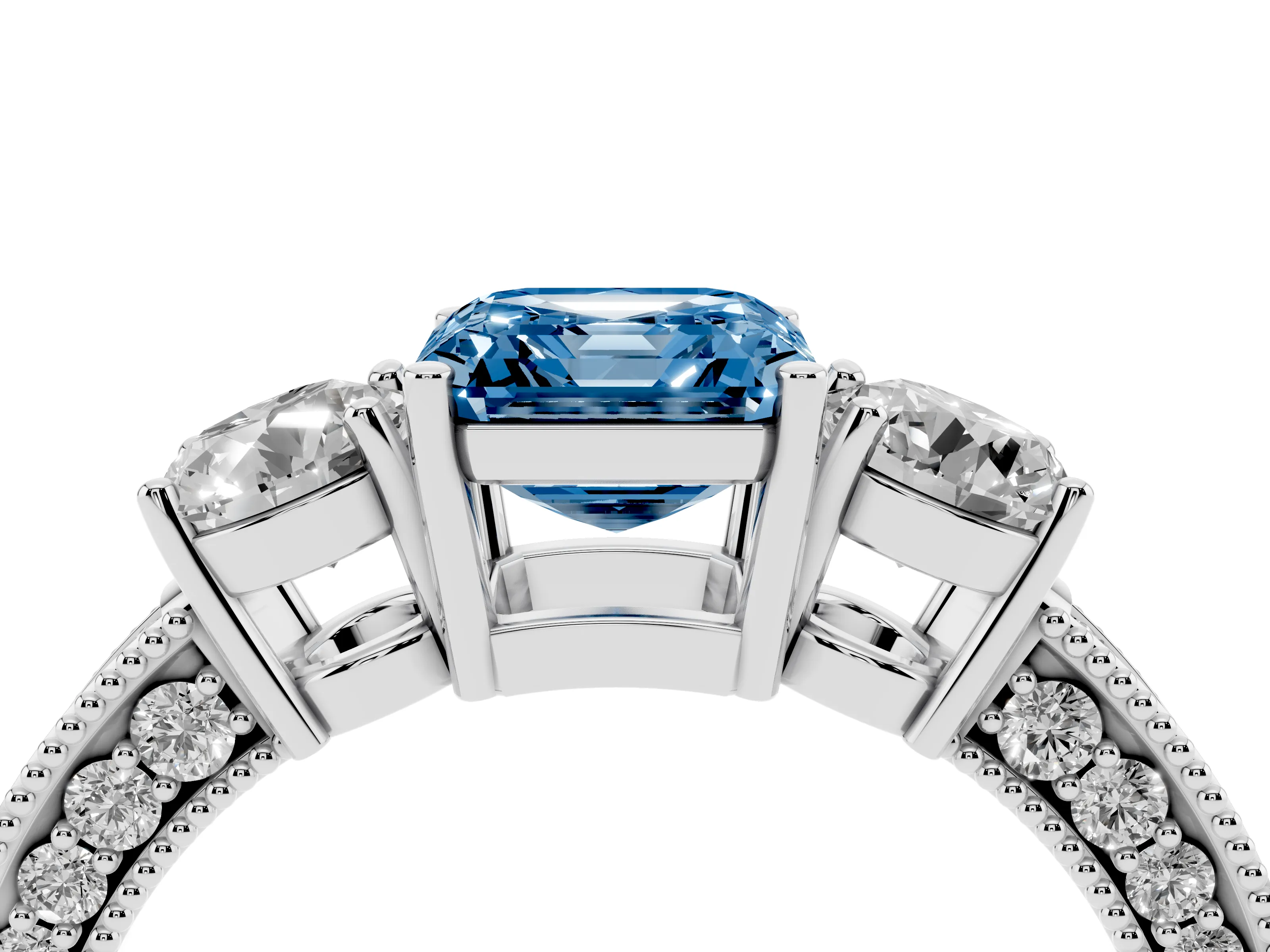 Fancy Blue Asscher Cut Diamond Three-Stone Ring Set in Platinum with Round Side Stones and Pavé Band