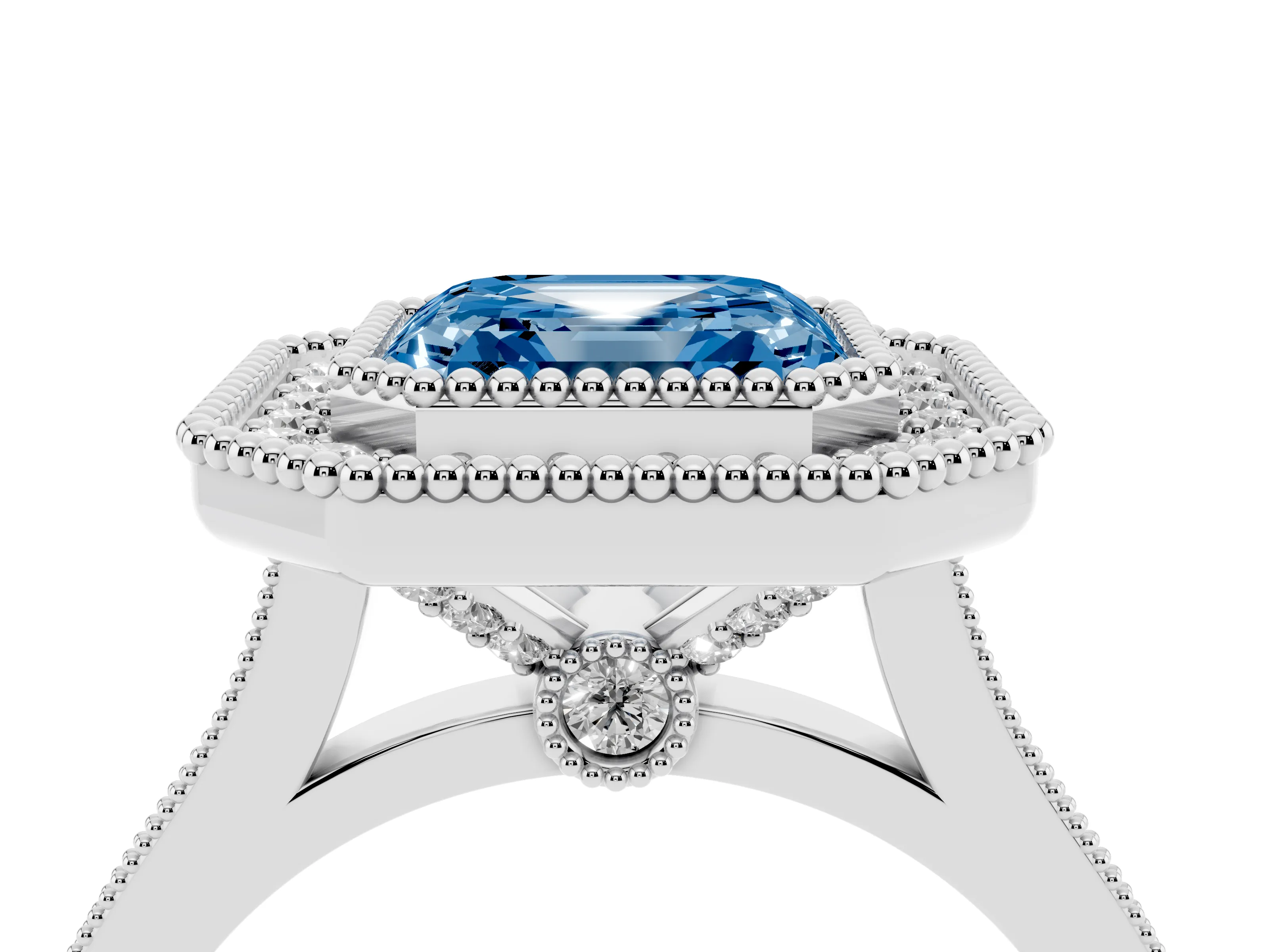 Fancy Blue Asscher Cut Diamond Halo Ring Set in Platinum with Milgrain Frame and Pavé Band