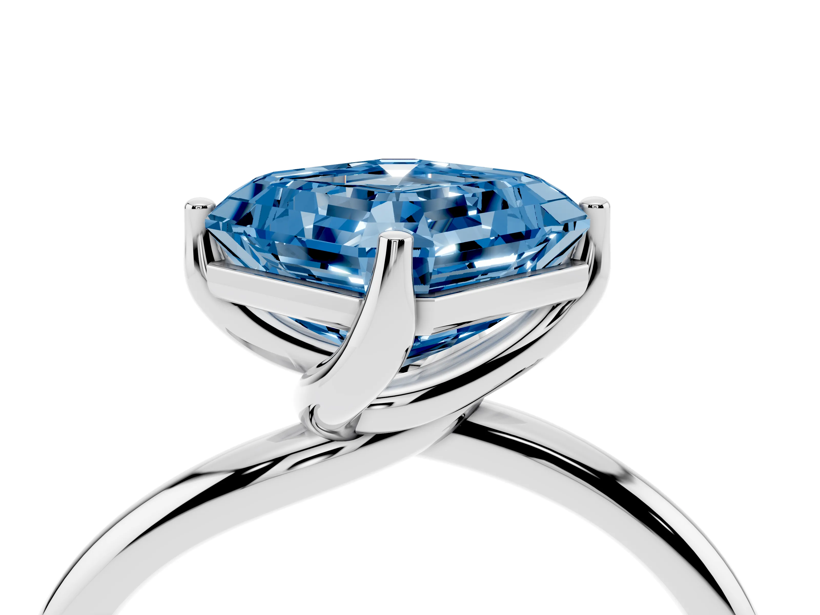 Fancy Blue Asscher Cut Diamond Solitaire Engagement Ring Set in White gold with Classic Plain Band