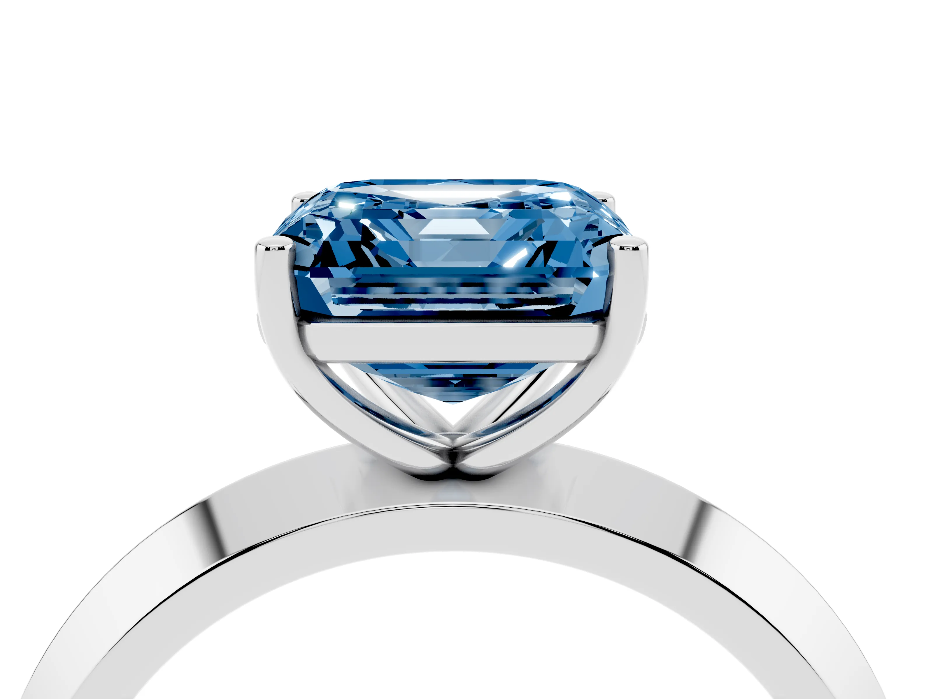 Fancy Blue Asscher Cut Diamond Solitaire Engagement Ring Set in Silver with Flat Band and Prong Setting