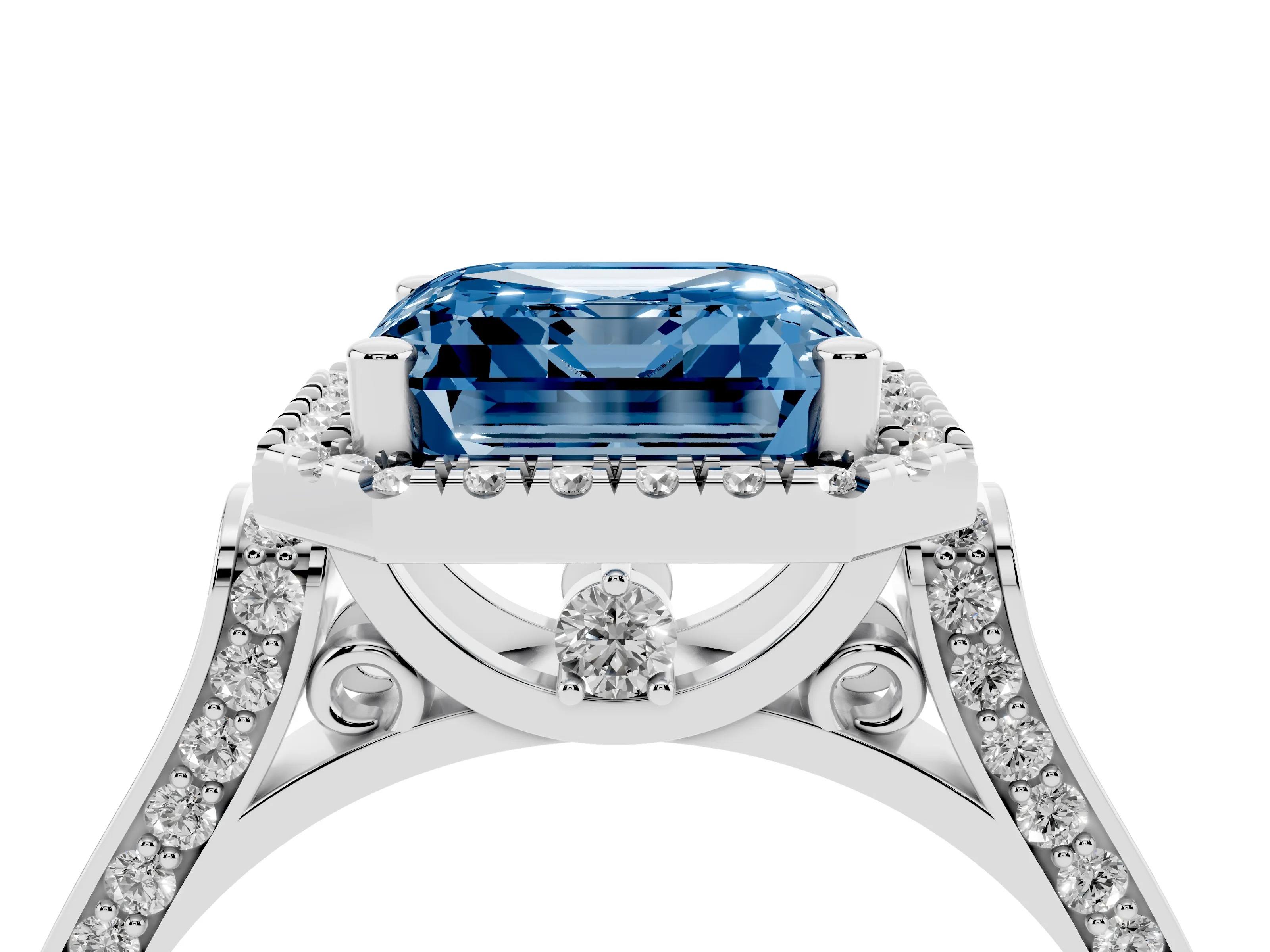 Fancy Blue Asscher Cut Diamond Halo Ring Set in Platinum with Pavé-Lined Split Shank Band