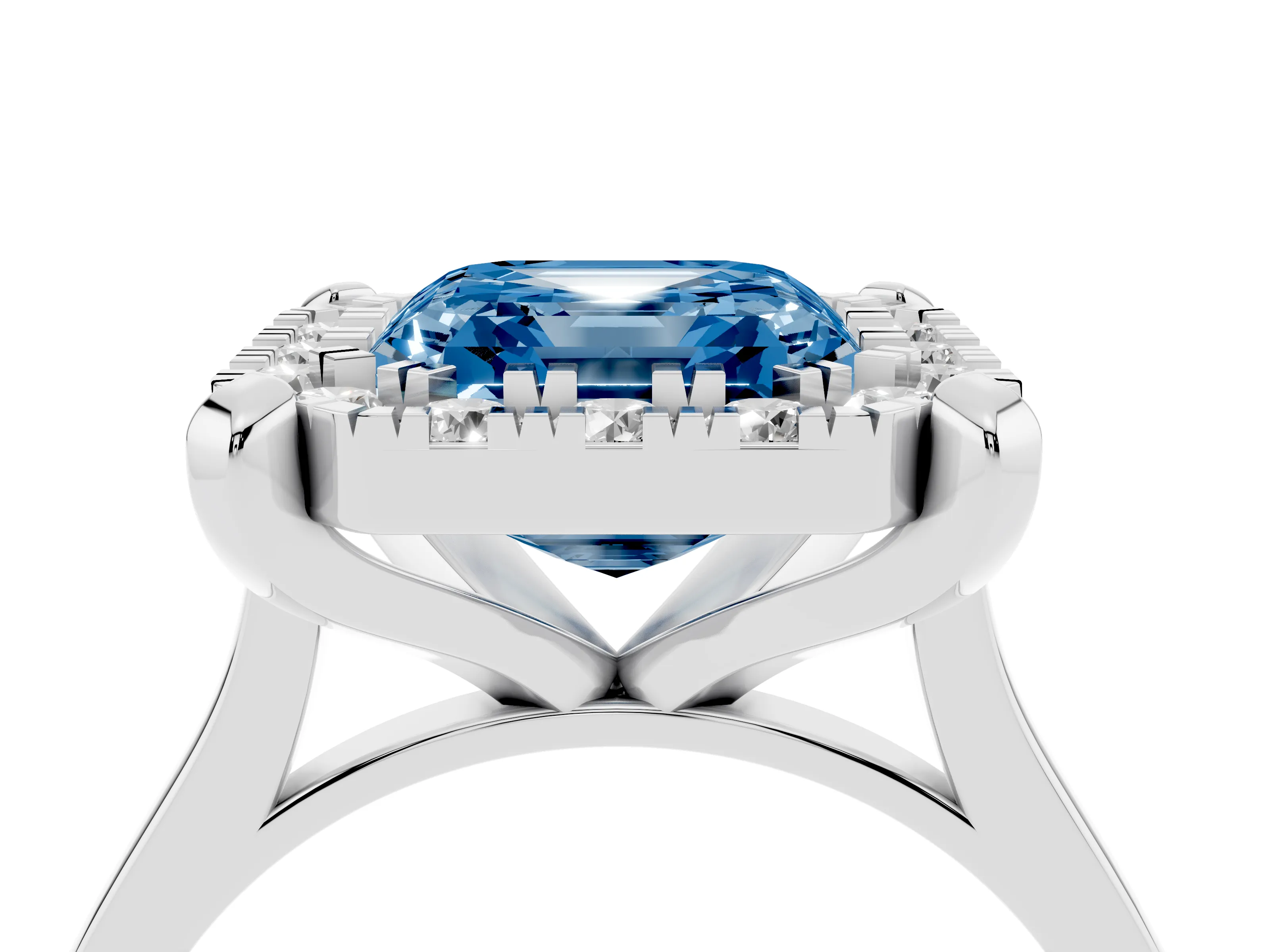 Fancy Blue Asscher Cut Diamond Cluster Halo Solitaire Ring Set in White gold with Prong Setting