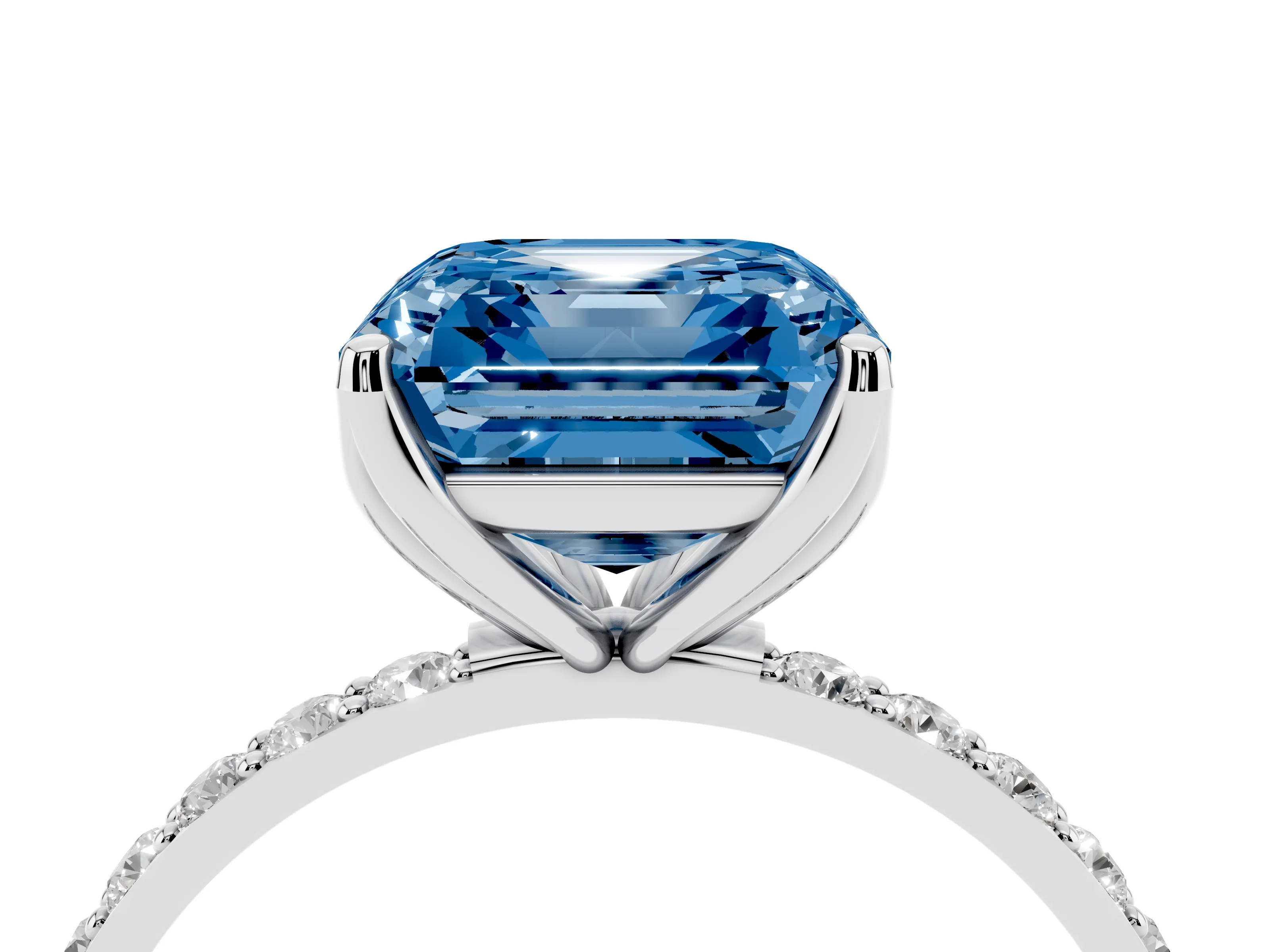 Fancy Blue Asscher Cut Diamond Solitaire Engagement Ring Set in White gold with Round Pavé Band and Prong Setting