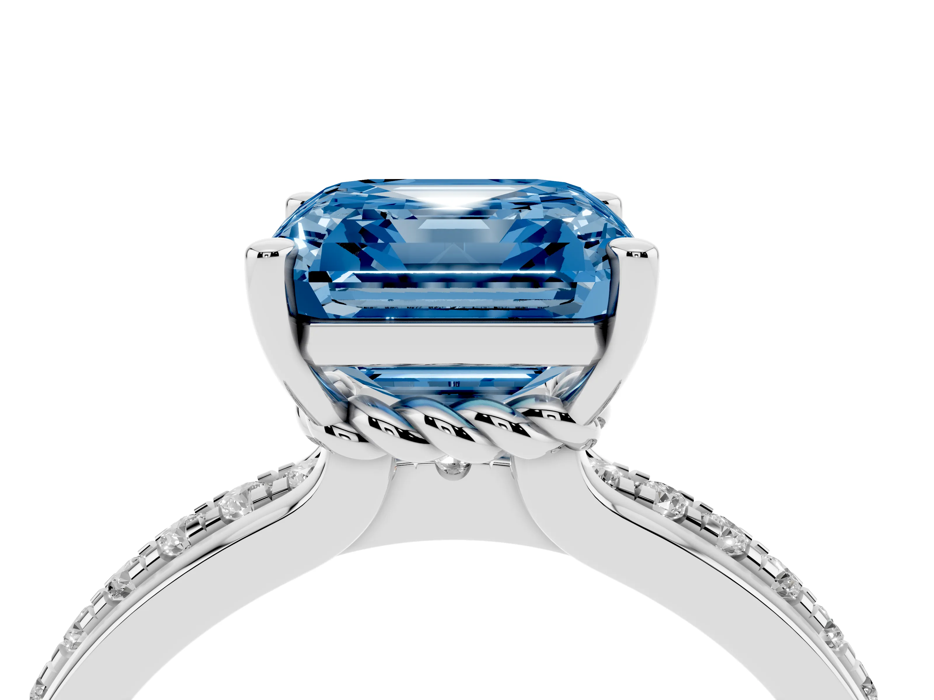 Fancy Blue Asscher Cut Diamond Solitaire Ring Set in White gold with Channel Set Band and Prong Setting