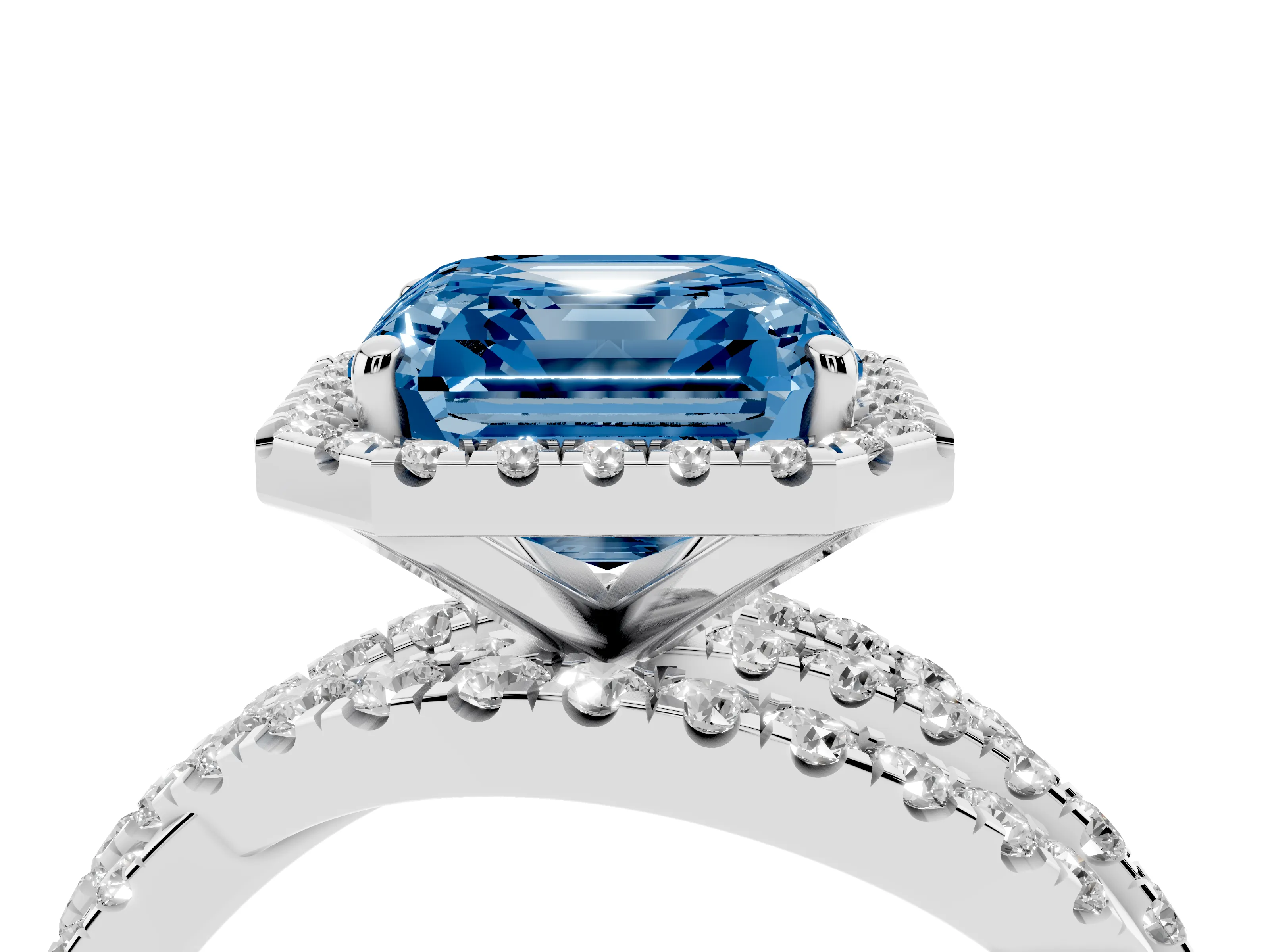 Fancy Blue Asscher Cut Diamond Halo Ring Set in White gold with Round Crossover Split Shank and Prong Setting