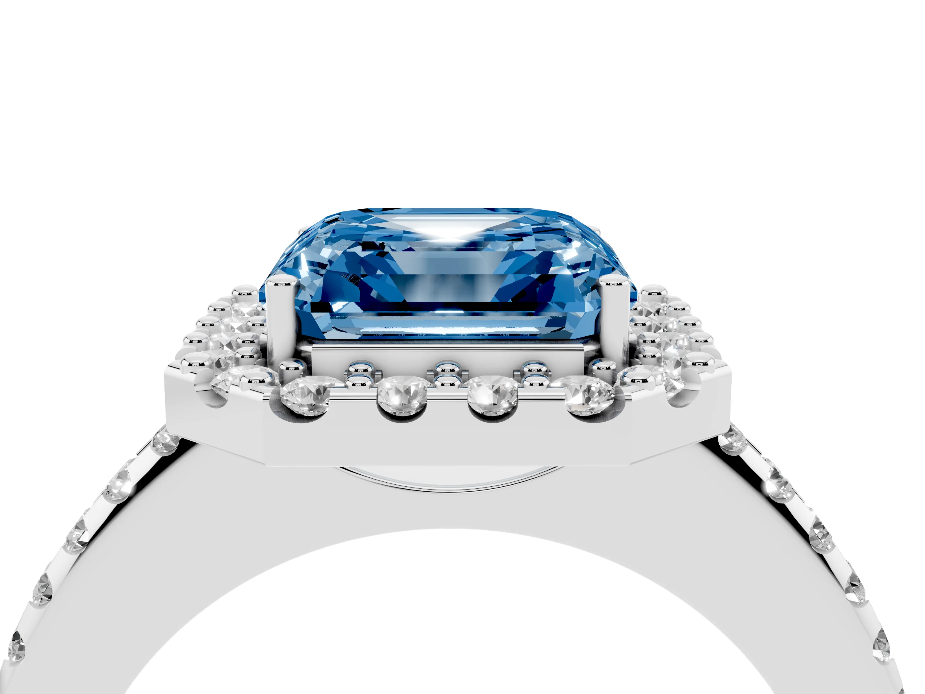 Fancy Blue Asscher Cut Diamond Pavé Halo Ring Set in White gold with Prong Setting