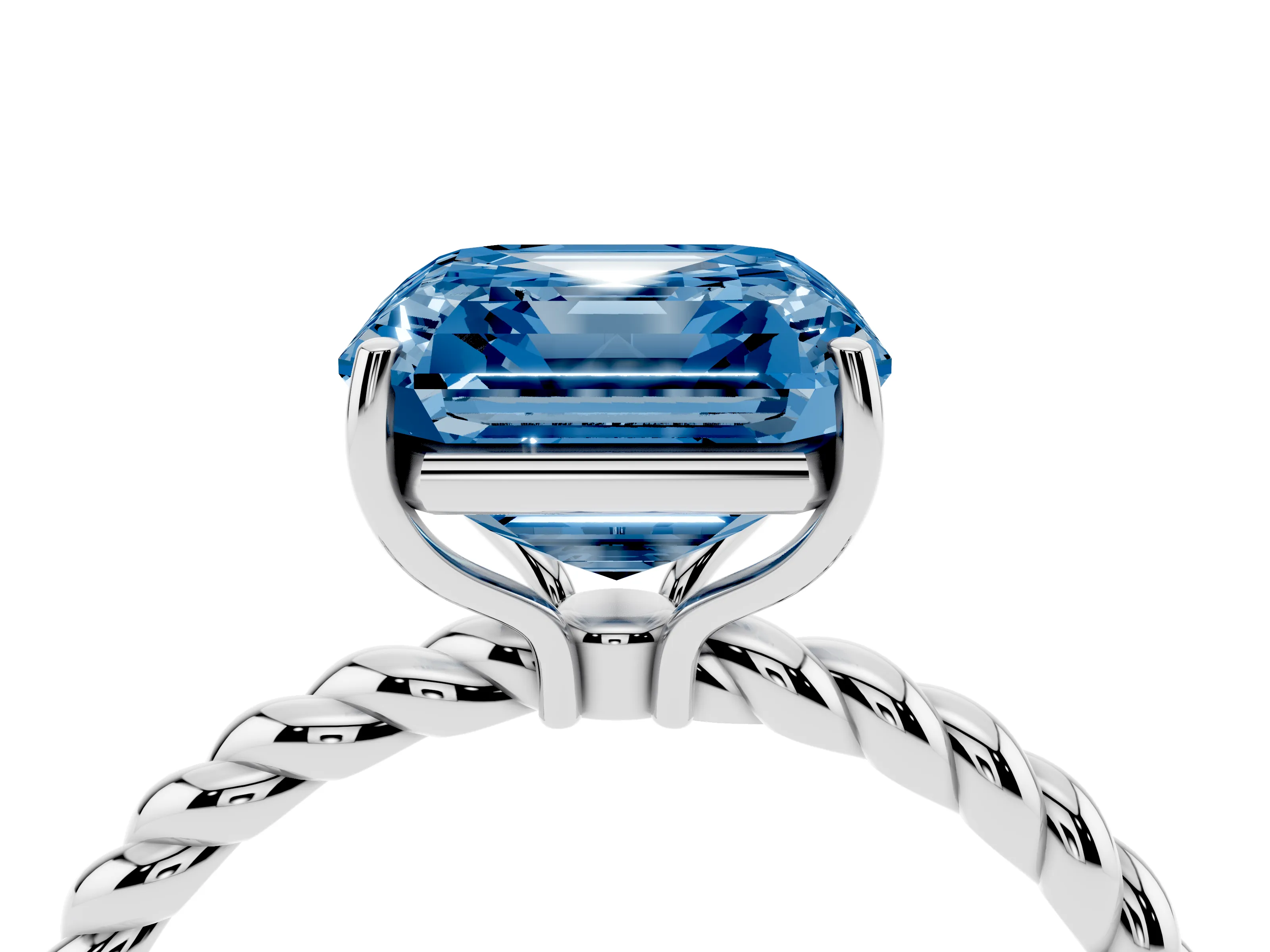 Fancy Blue Asscher Cut Diamond Solitaire Ring Set in Platinum with Twist Band and Prong Setting