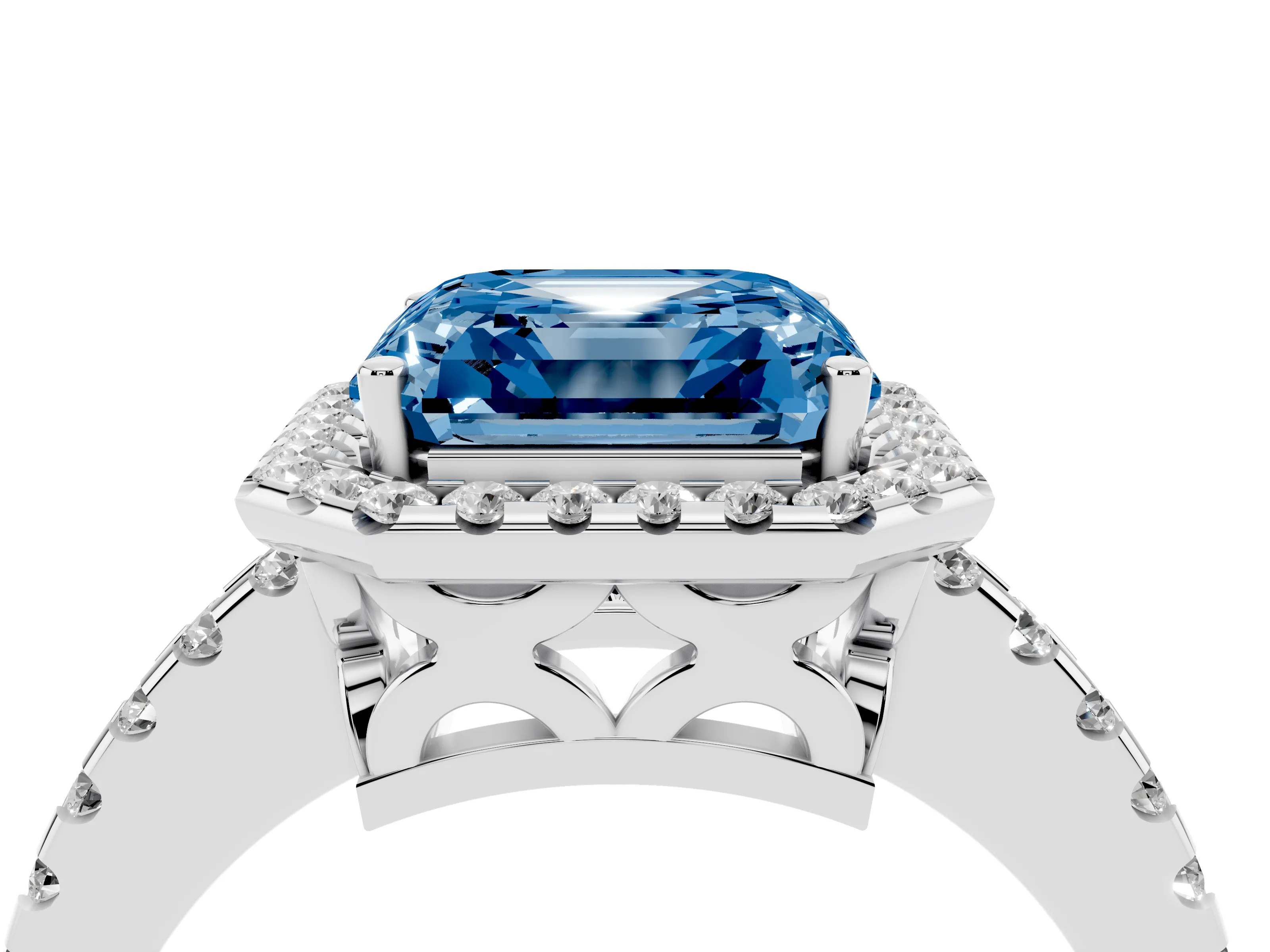 Fancy Blue Asscher Cut Diamond Halo Ring Set in Platinum with Pavé Shoulders and Halo-Framed Center
