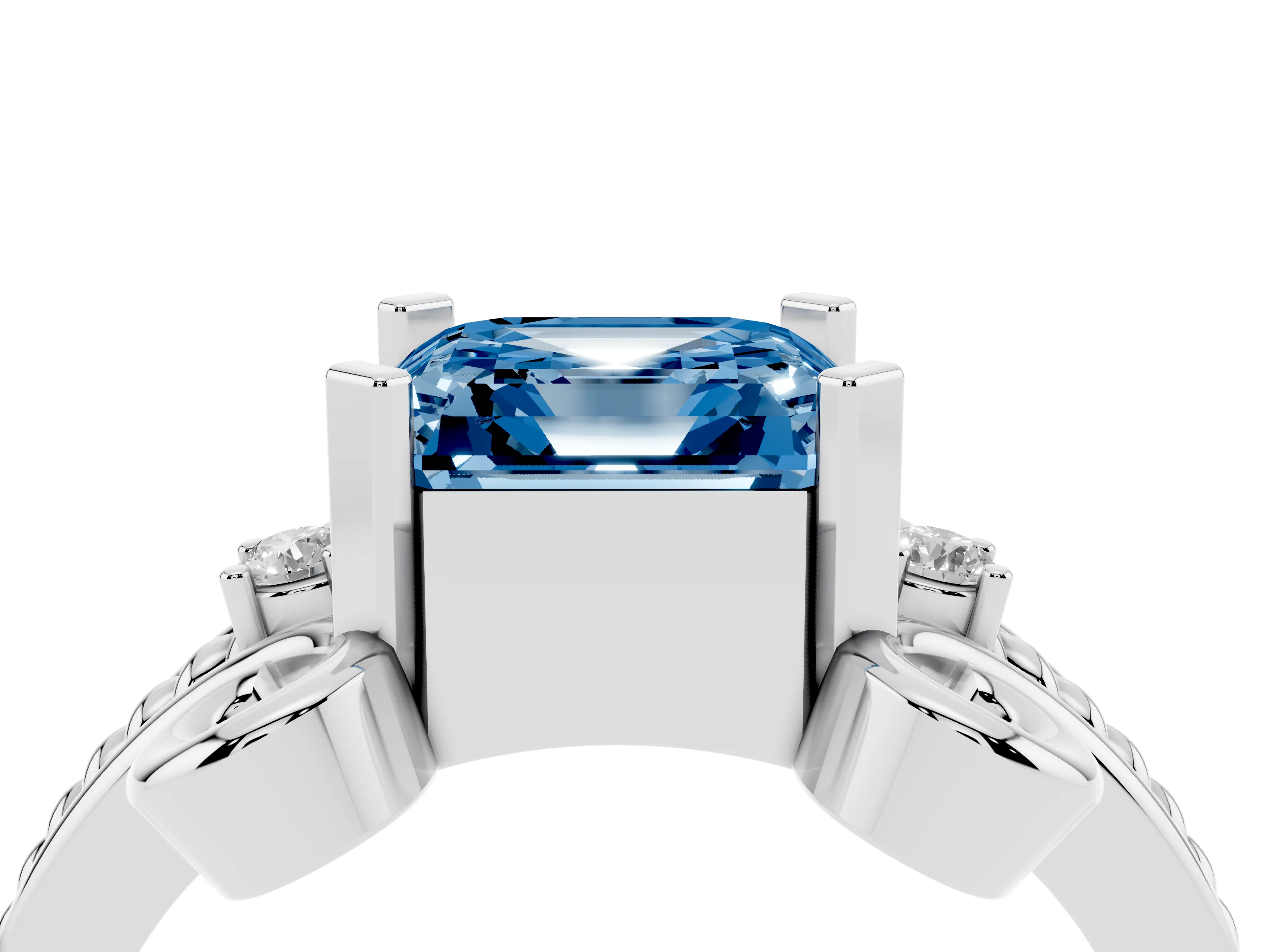 Fancy Blue Asscher Cut Diamond Twisted Band Solitaire Ring Set in White gold with Scroll Prongs