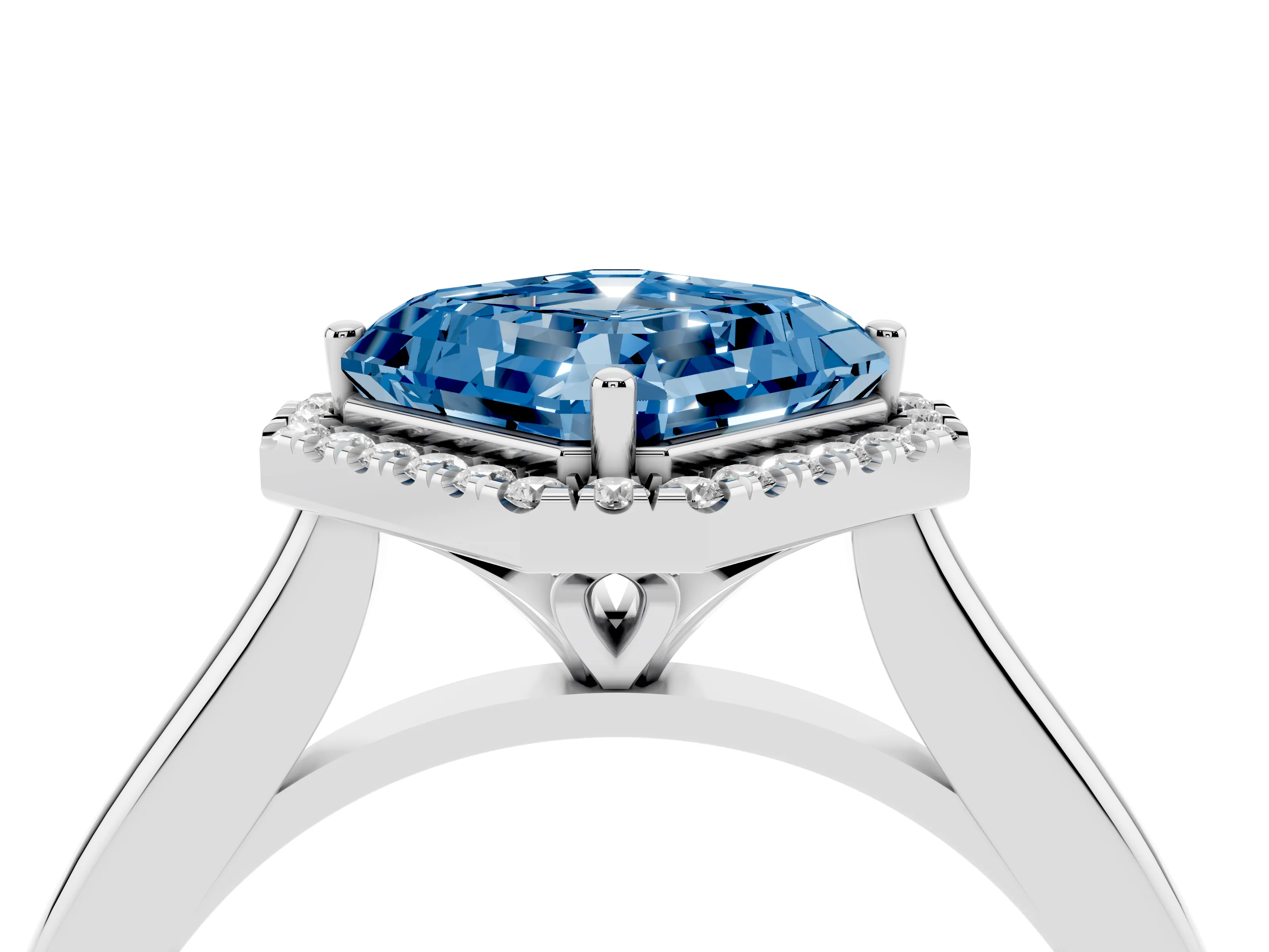 Fancy Blue Asscher Cut Diamond Halo Engagement Ring Set in White gold with Pavé Band and Rising Shoulders
