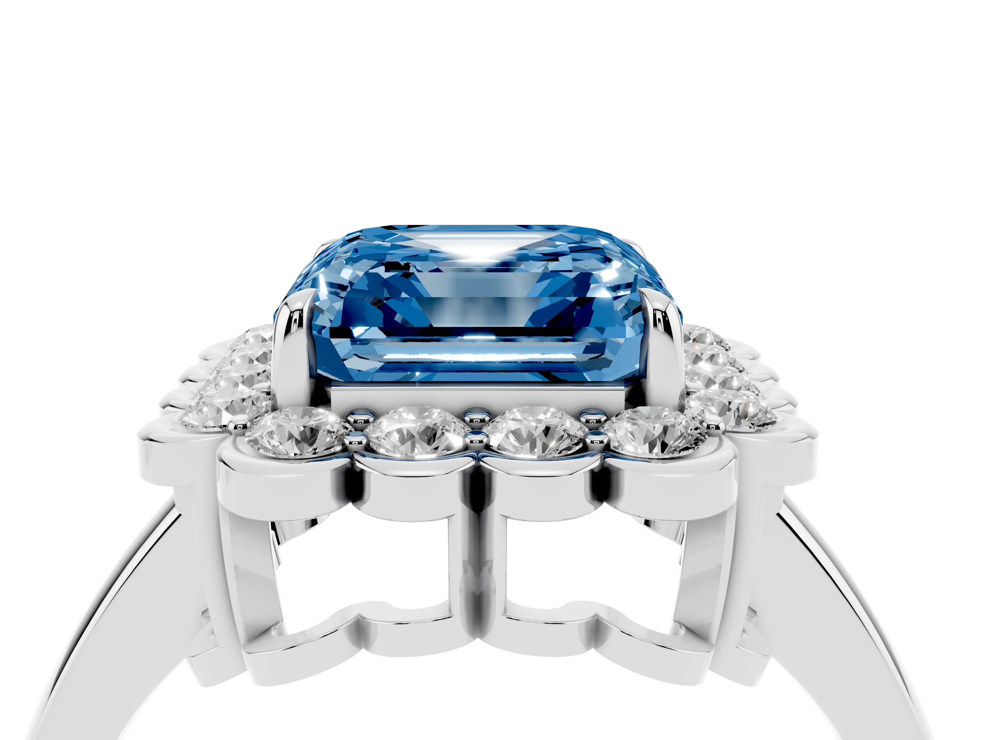 Fancy Blue Asscher Cut Diamond Halo Cluster Engagement Ring Set in White gold with Solitaire Band and Prong Setting