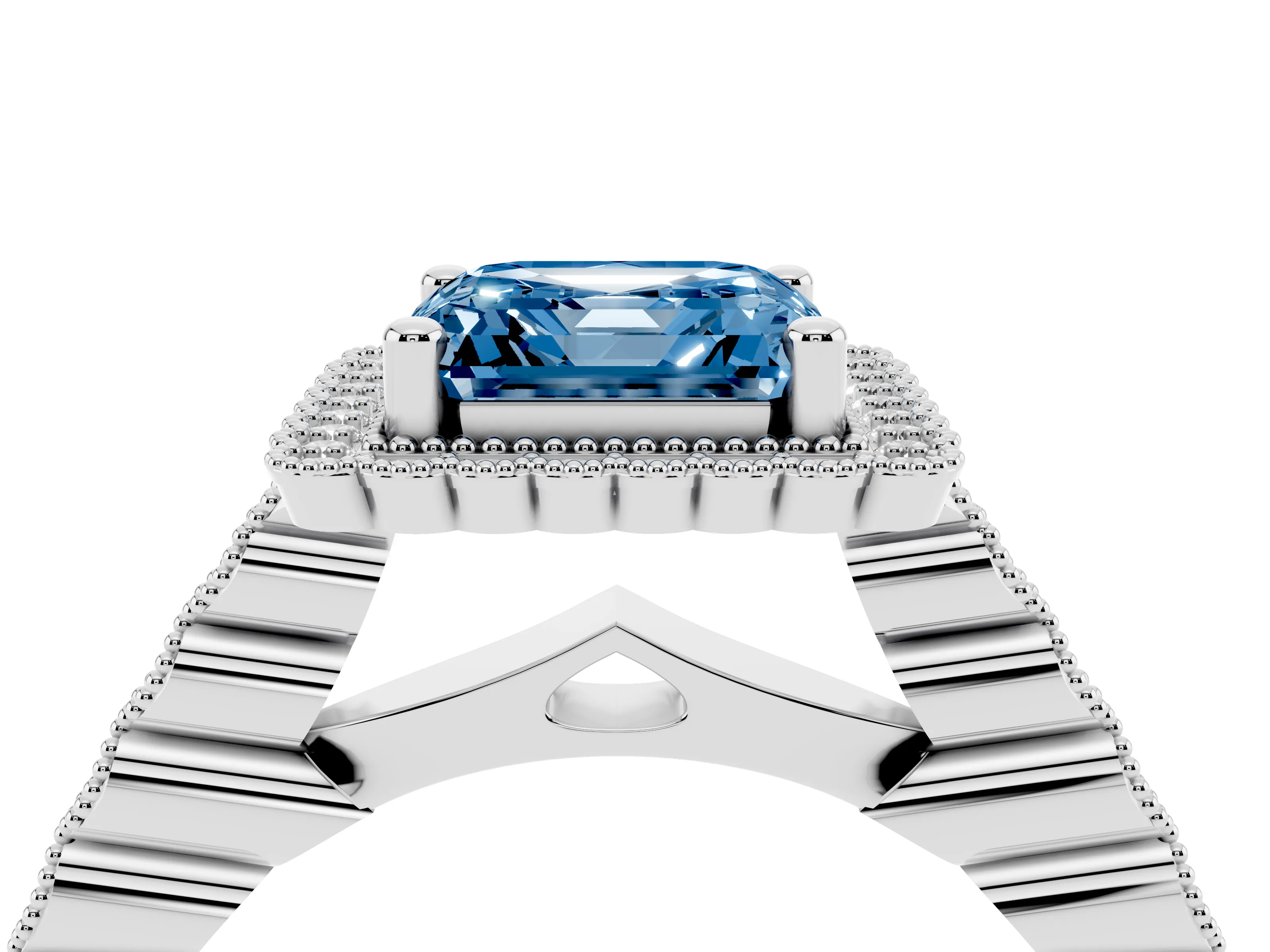 Fancy Blue Asscher Cut Diamond Halo Ring Set in Platinum with Pavé Milgrain Band