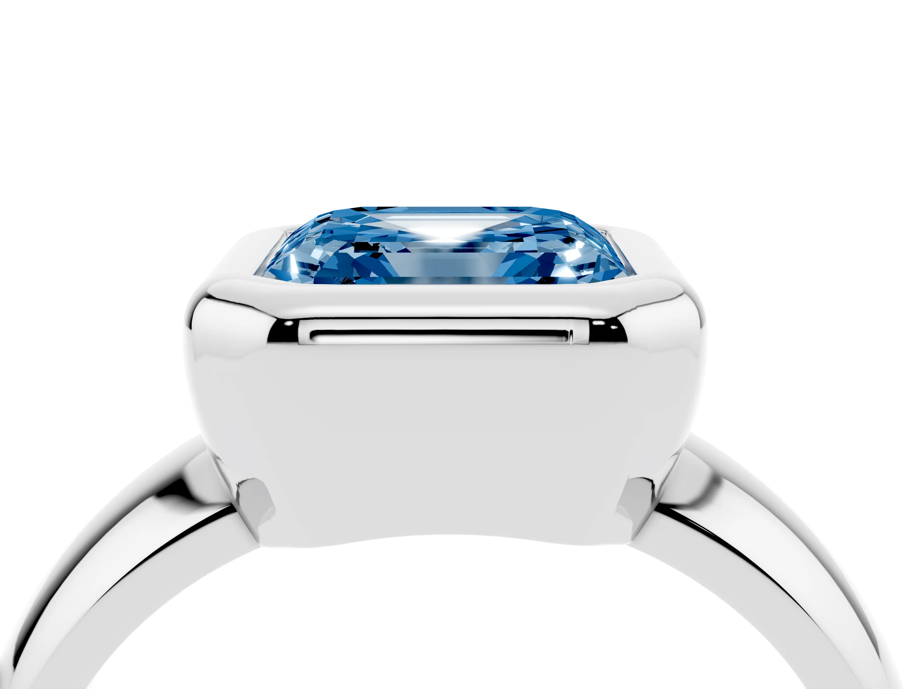 Fancy Blue Bezel Set Asscher Cut Diamond Solitaire Ring Set in Silver with Wide Band
