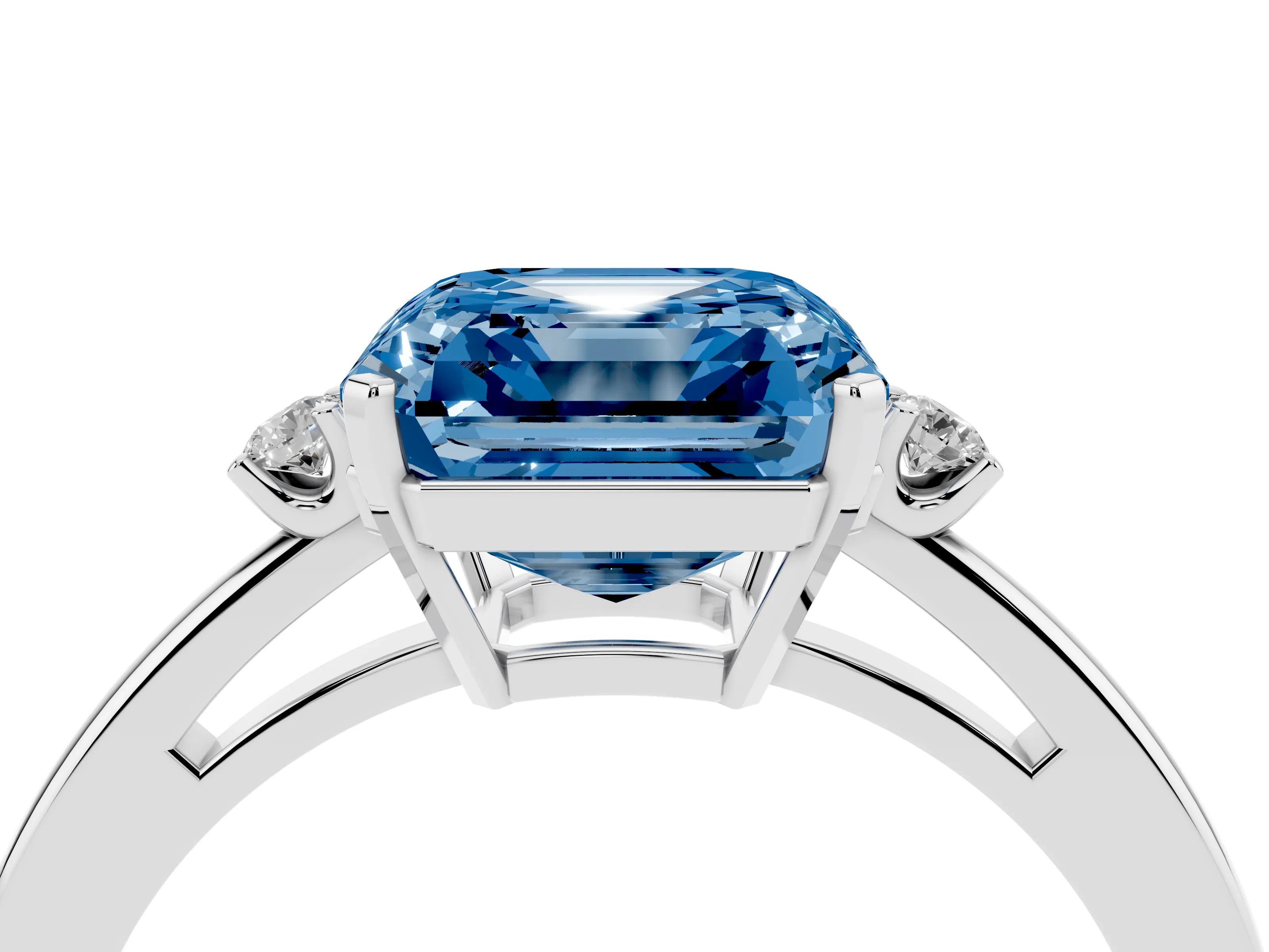 Fancy Blue Three-Stone Asscher Cut Diamond Solitaire Ring Set in Platinum with Round Accent Stones and Prong Setting