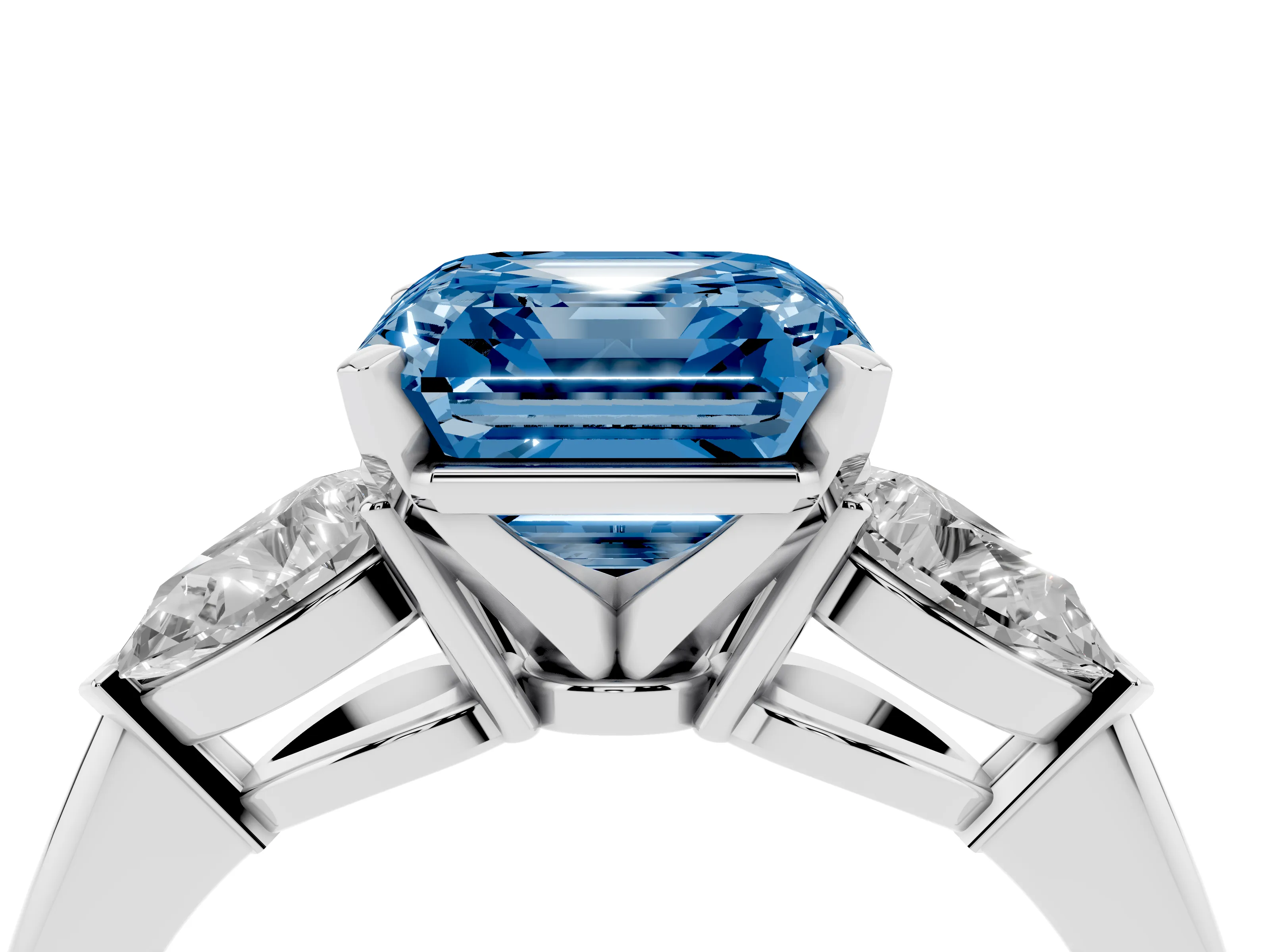 Fancy Blue Three-Stone Asscher Cut Diamond Ring Set in White gold with Pear Side Stones and Prong Setting