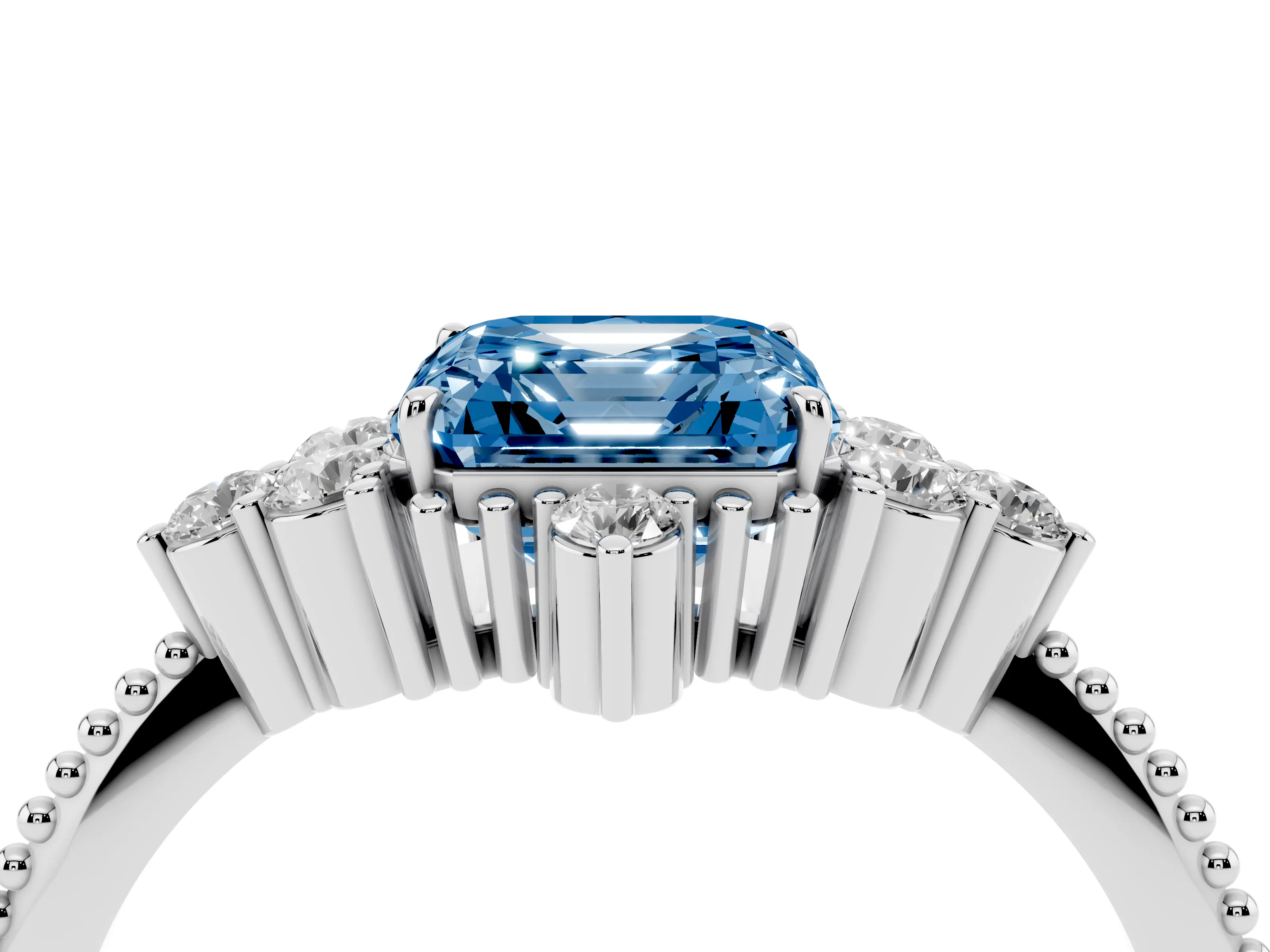 Fancy Blue Asscher Cut Diamond Cluster Ring Set in Silver with Beaded Band