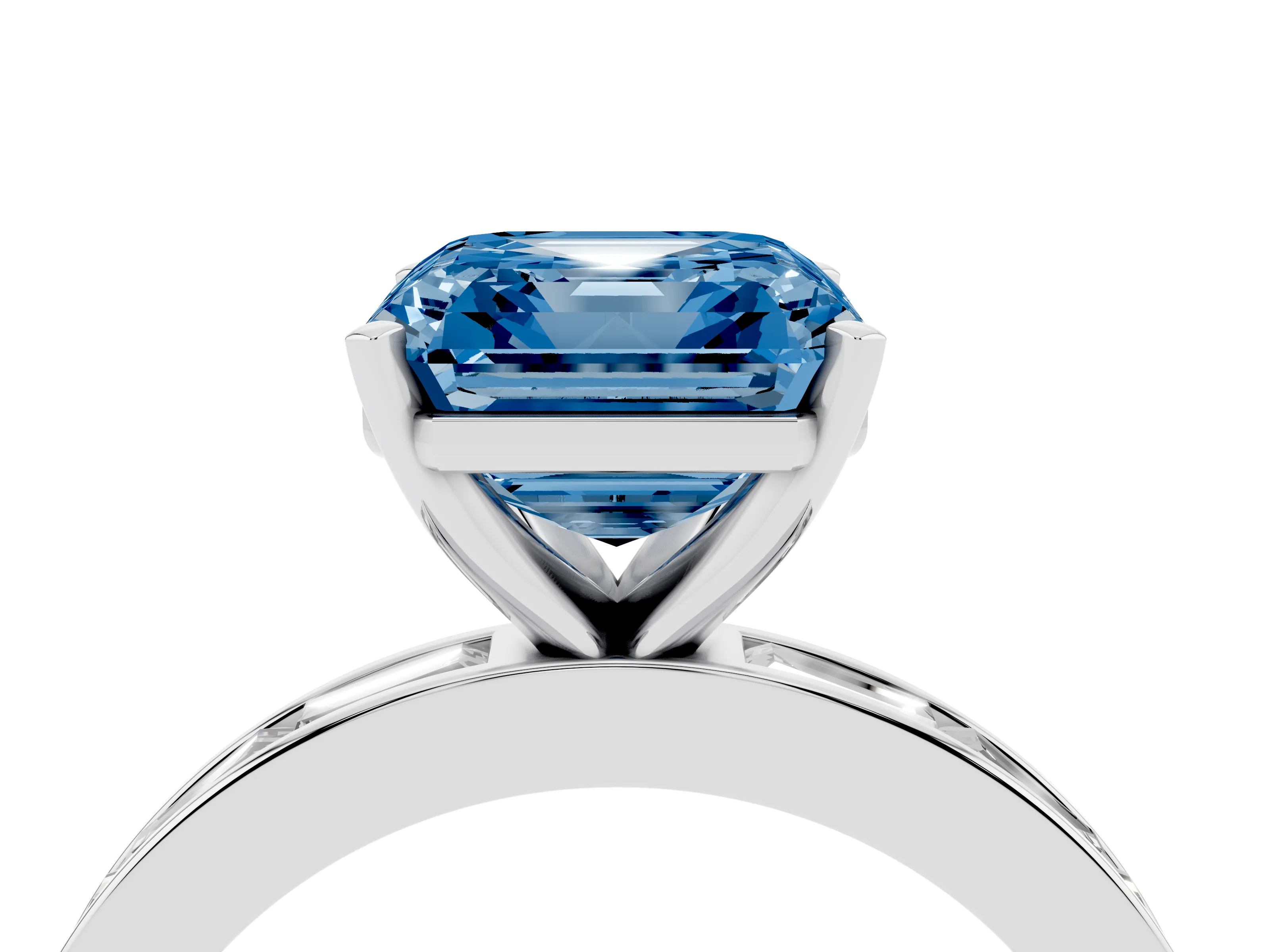 Fancy Blue Asscher Cut Diamond Solitaire Ring Set in White gold with Channel-Set Baguette Band and Prong Setting