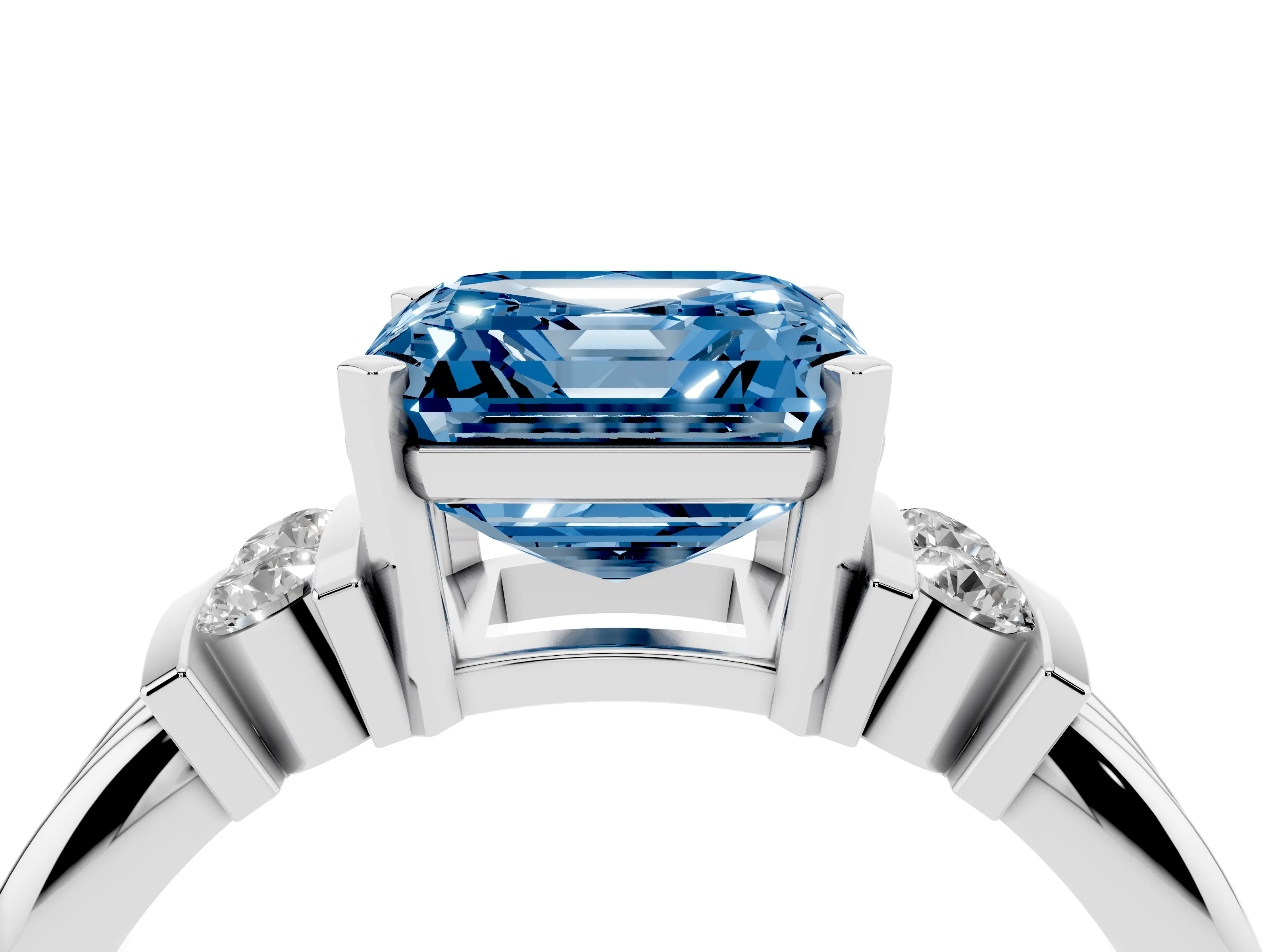 Fancy Blue Three-Stone Asscher Cut Diamond Channel Set Ring Set in White gold with Bar Prongs