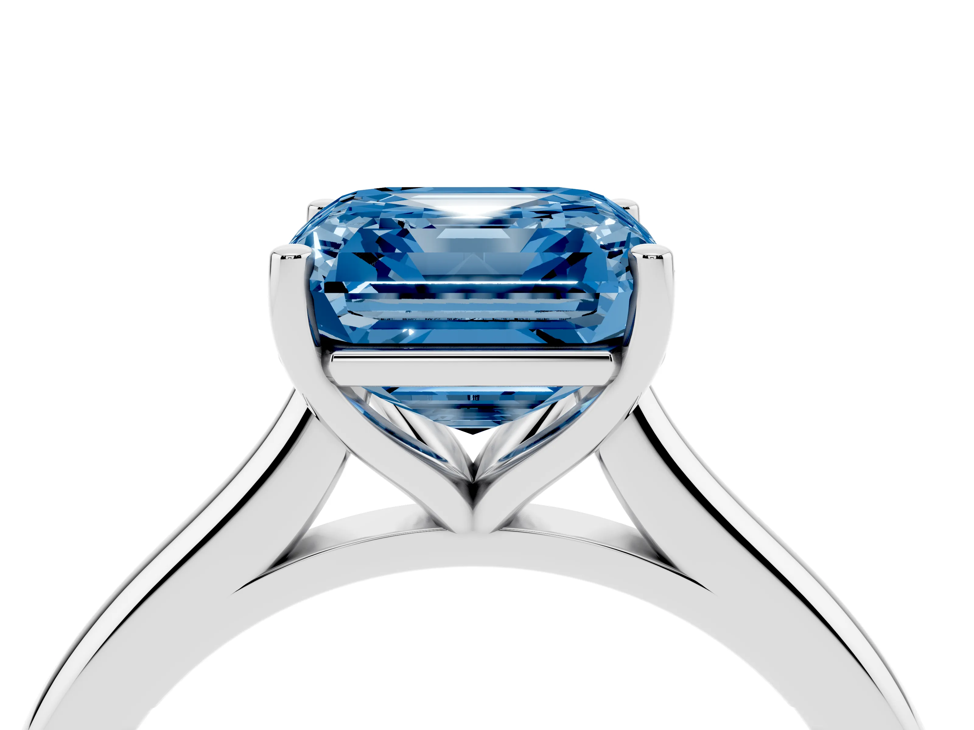 Fancy Blue Asscher Cut Diamond Solitaire Ring Set in Silver with Cathedral Band and Prong Setting