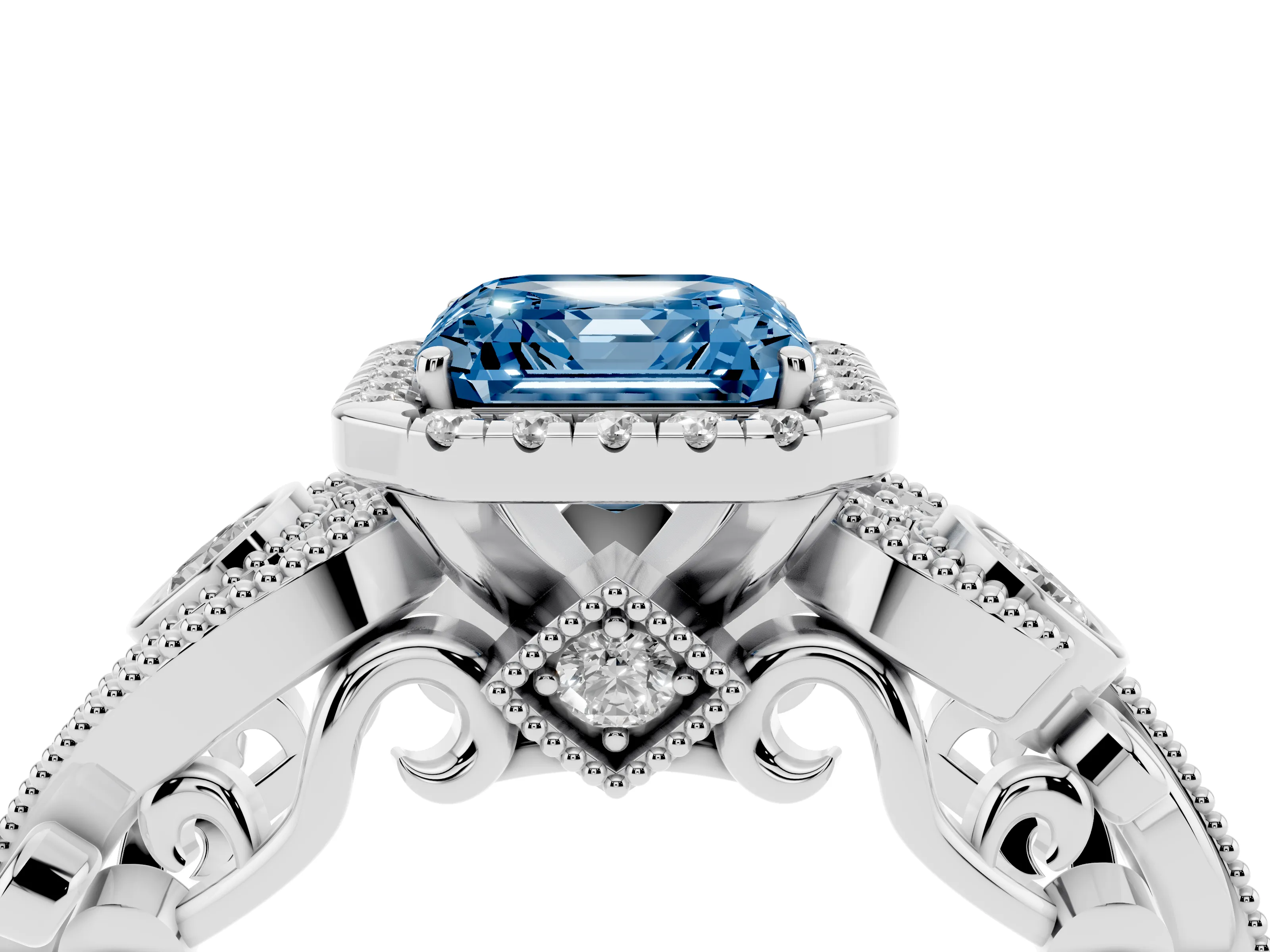 Fancy Blue Asscher Cut Diamond Halo Ring Set in Silver with Milgrain Pavé Band and Prong Setting
