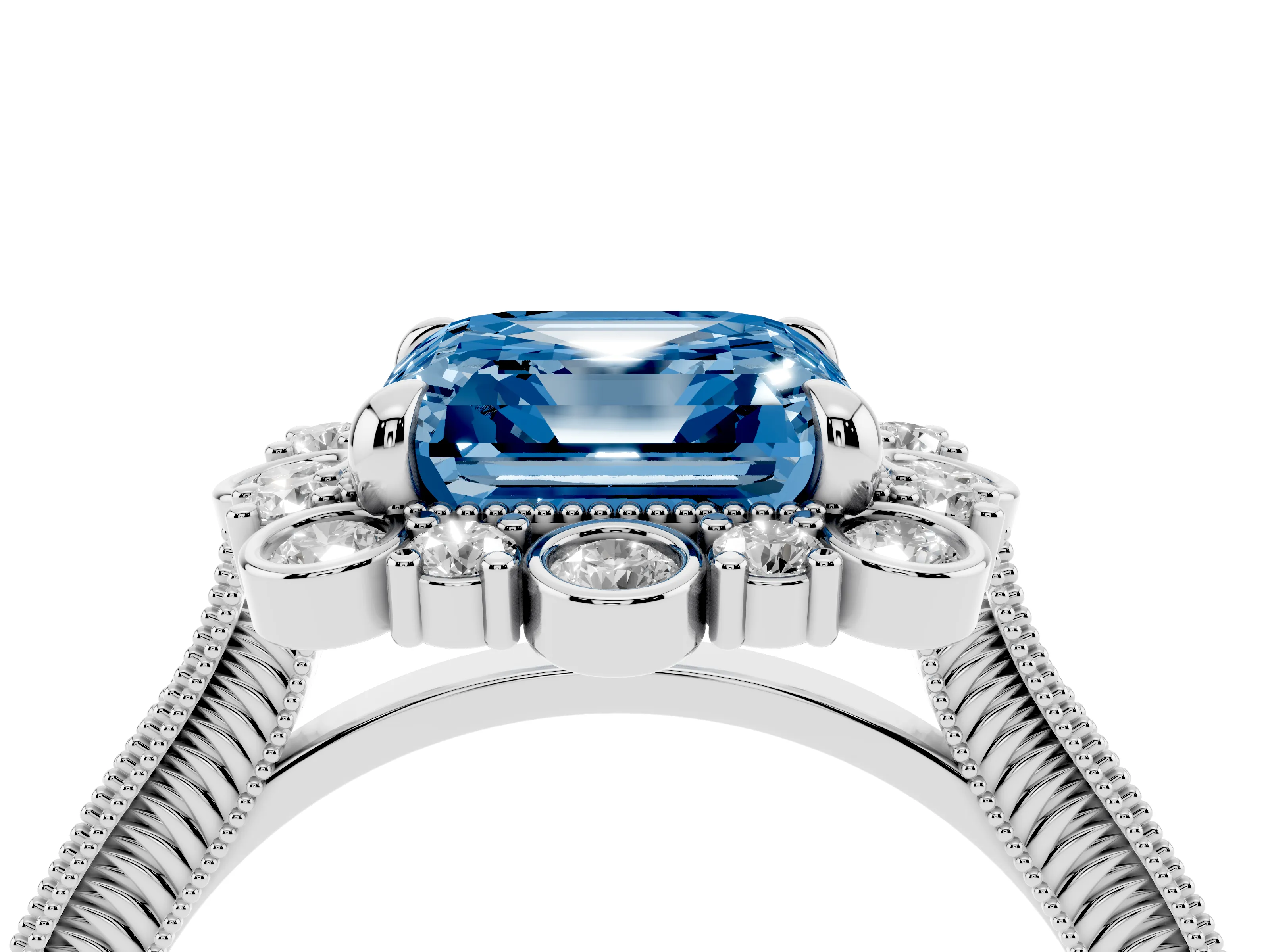 Fancy Blue Asscher Cut Diamond Halo Milgrain Pavé Ring Set in Silver with Prong Setting