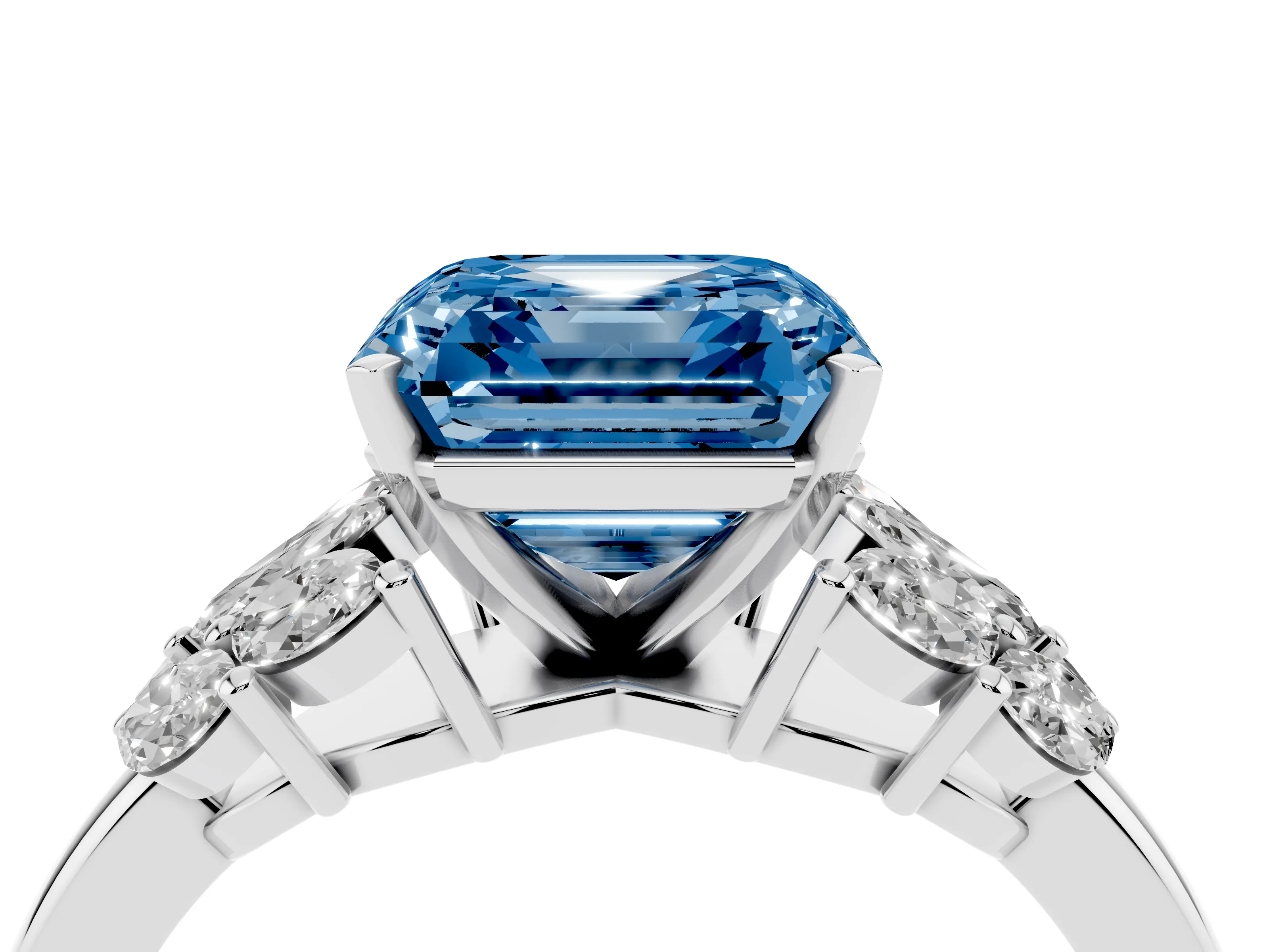 Fancy Blue Asscher Cut Diamond Cluster Leaf Design Ring Set in White gold with Prong Setting