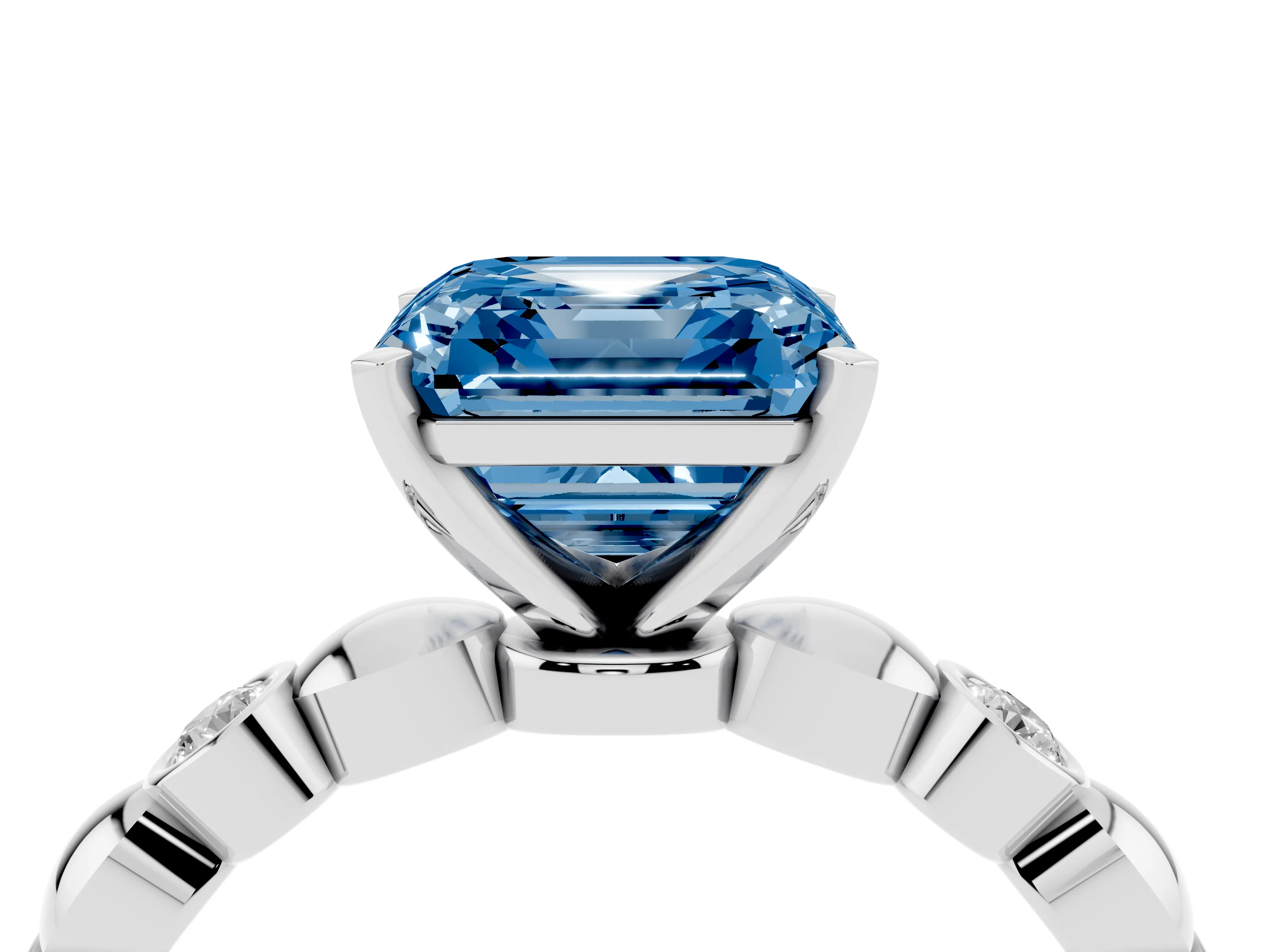 Fancy Blue Asscher Cut Diamond Solitaire Ring Set in Silver with Bezel-Set Accents on Beaded Band and Prong Setting