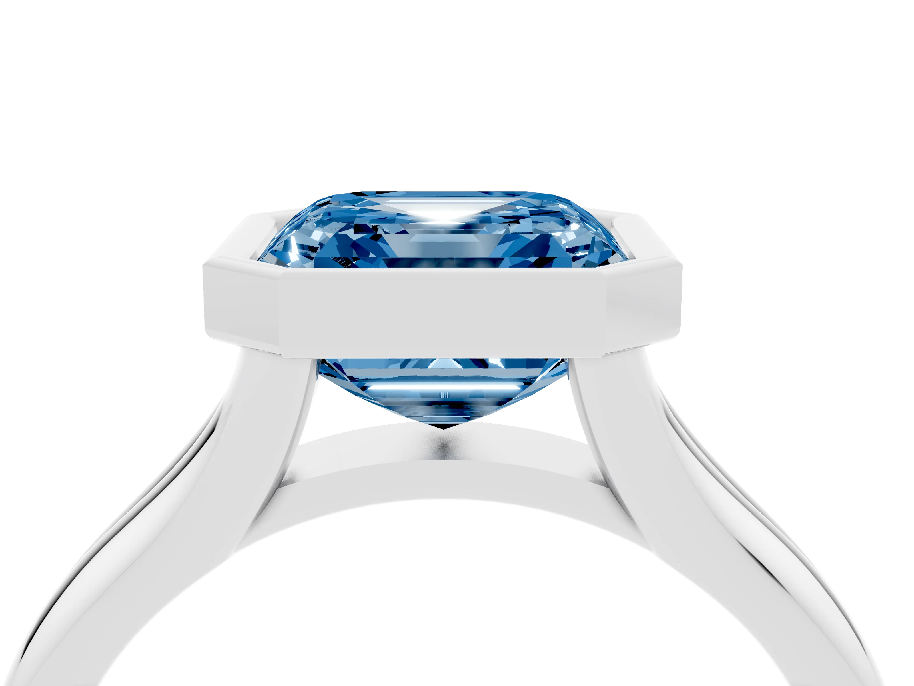 Fancy Blue Bezel Set Asscher Cut Diamond Solitaire Ring Set in Silver with Smooth Band