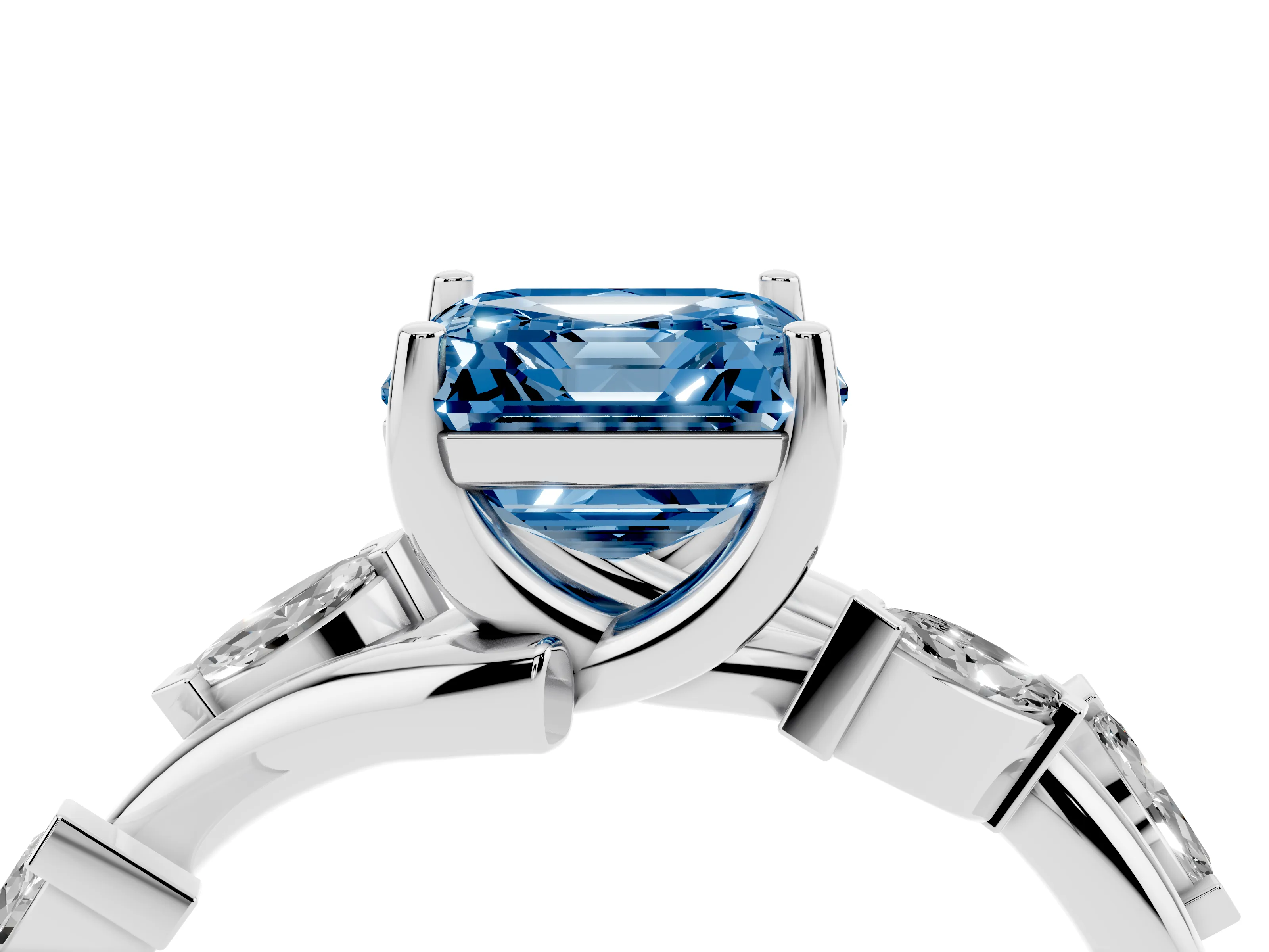 Fancy Blue Asscher Cut Diamond Solitaire Ring Set in White gold with Twisted Marquise Accent Band