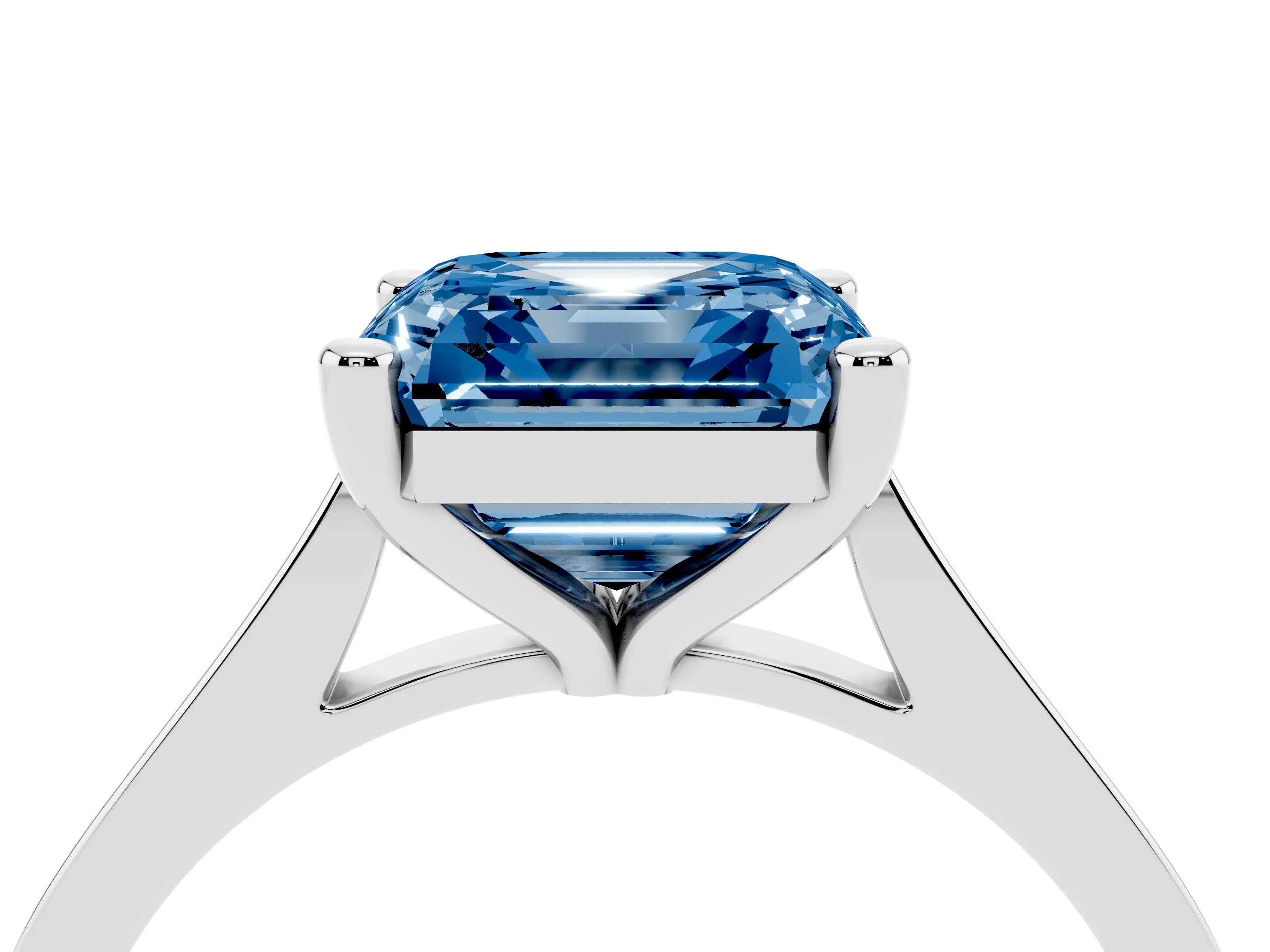 Fancy Blue Asscher Cut Diamond Solitaire Ring Set in White gold with Prong Setting and Tapered Band