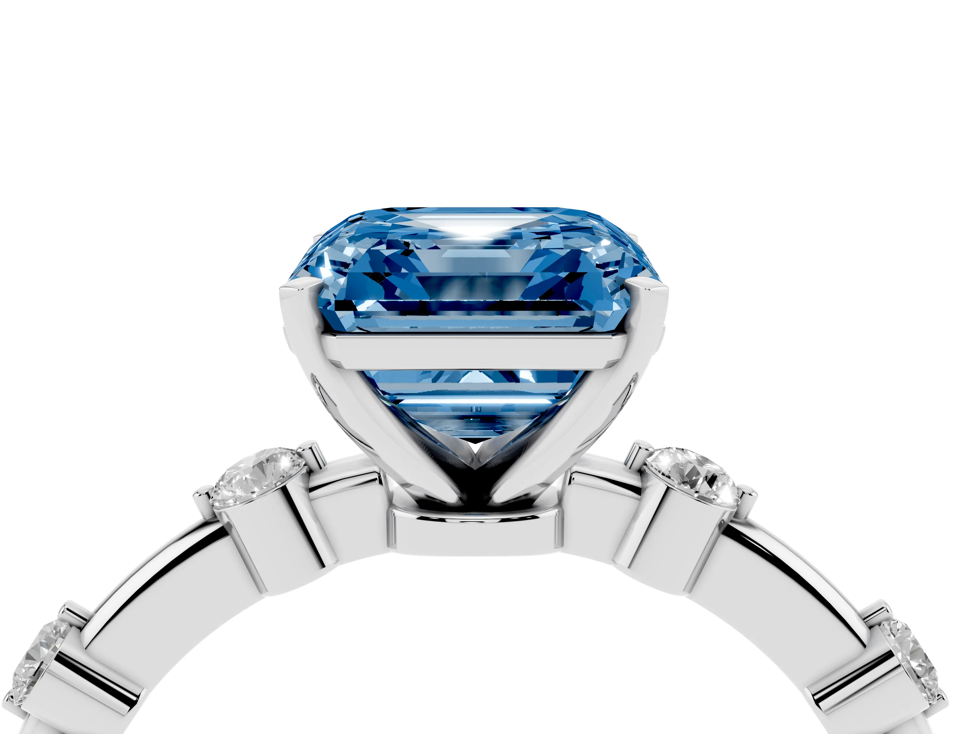 Fancy Blue Asscher Cut Diamond Solitaire Ring Set in Silver with Bezel Set Side Stones and Prong Setting