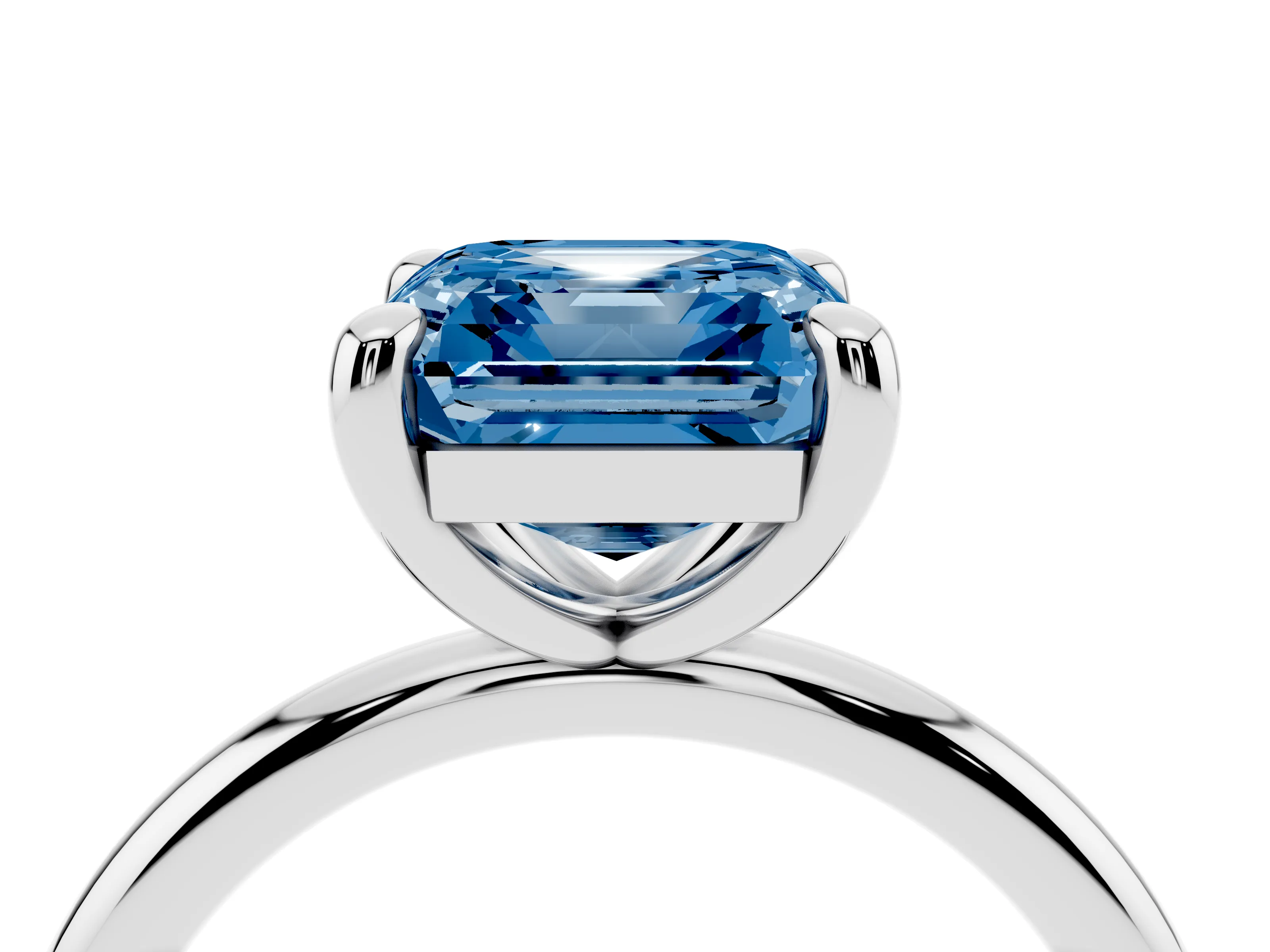 Fancy Blue Asscher Cut Diamond Solitaire Ring Set in White gold with Prong Setting on a Polished Plain Band