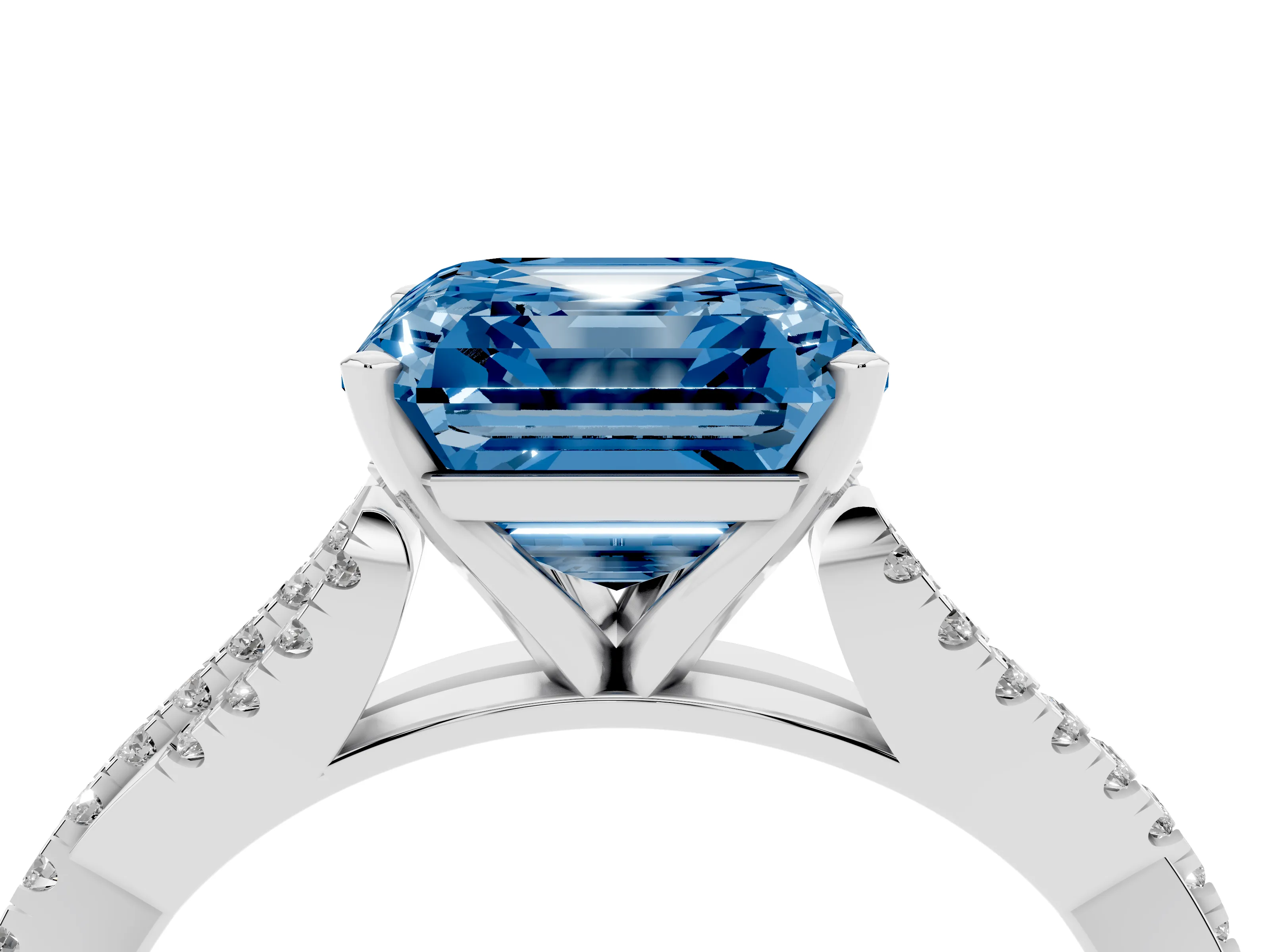 Fancy Blue Asscher Cut Diamond Solitaire Engagement Ring Set in White gold with Twisted Pavé Band and Prong Setting